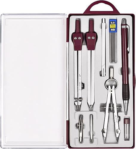 Unjoo Juego de 9 piezas de geometría de precisión brújula de metal juego de herramientas de geometría con caja de almacenamiento inastillable