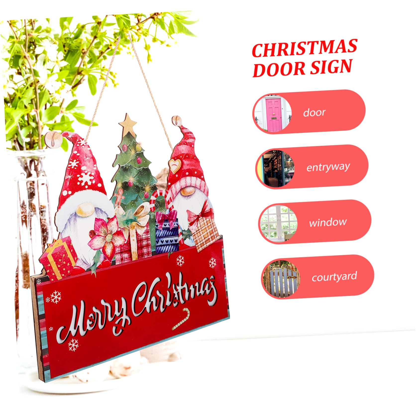 Amosfun Adornos de Santa Claus Letrero Navideño para Puerta de Entrada Diseño de Duendes Colgantes Letrero Decorativo Navideño de Madera sin Luz