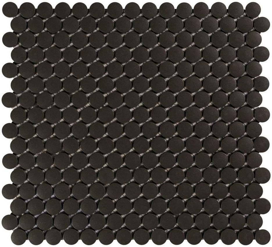 Tenedos Unglazed Penny Round Porcelain Mosaic (Box of 15 Pcs), Floor and Wall Tile, Backsplash Tile, Bathroom Tile on 12x12 Mesh for Easy Installation (Black)