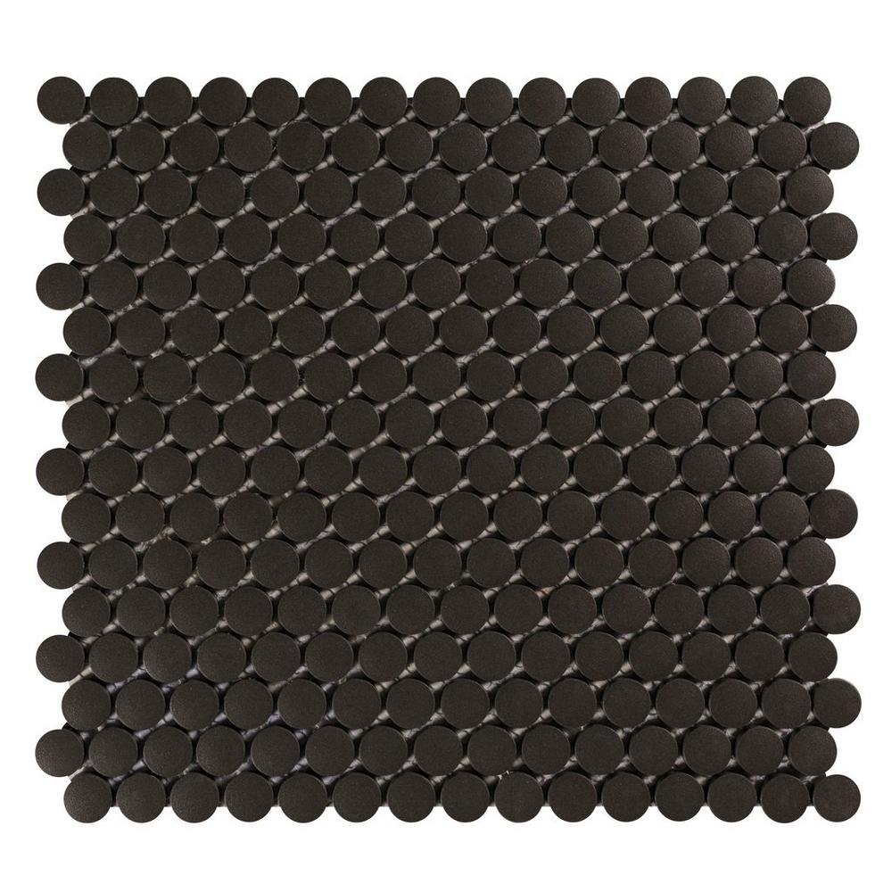 Unglazed Penny Round Porcelain Mosaic (Box of 15 Pcs), Floor and Wall Tile, Backsplash Tile, Bathroom Tile on 12x12 Mesh for Easy Installation (Black)