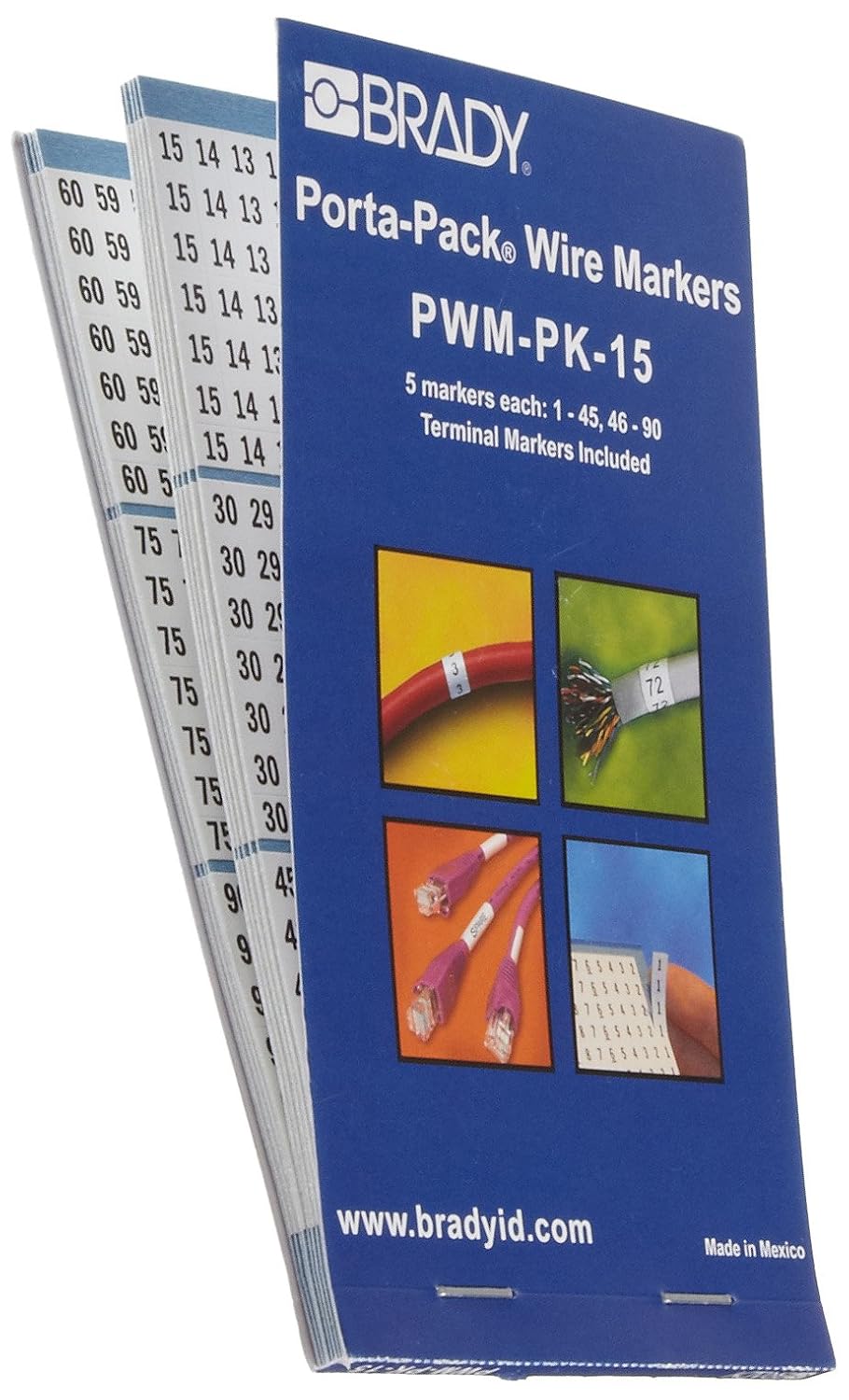 Brady PWM-PK-15 B-500 Repositionable Vinyl Cloth, Black on White Porta-Pack Wire Marker, Legend "1 thru 45, 46 thru 90"