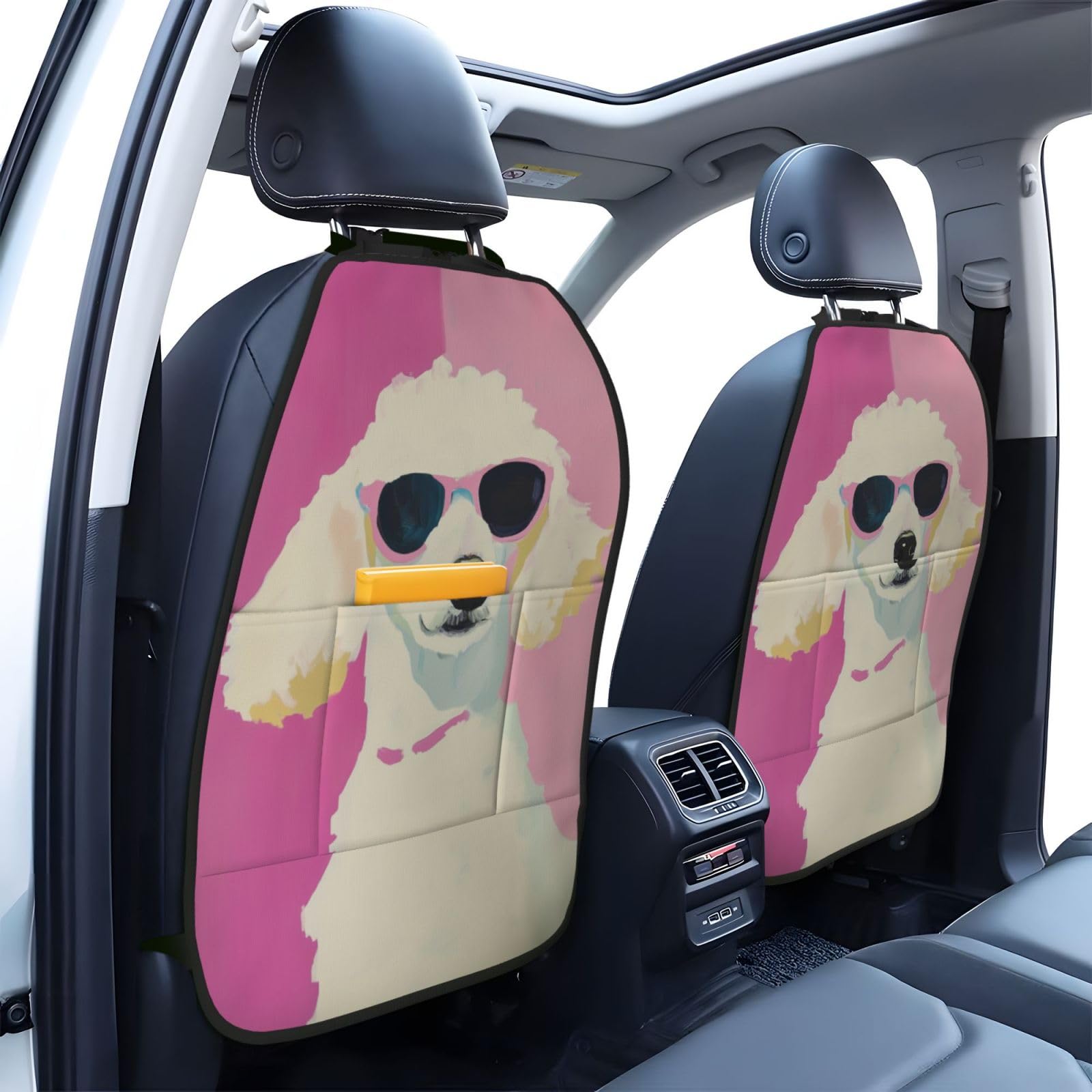 Poodle Wearing Sunglasses Car Seat Back Kick Protectors,2 Pack Kick Mats with Storage Pockets for Vehicles to Protect from Dirt Mud Scratches
