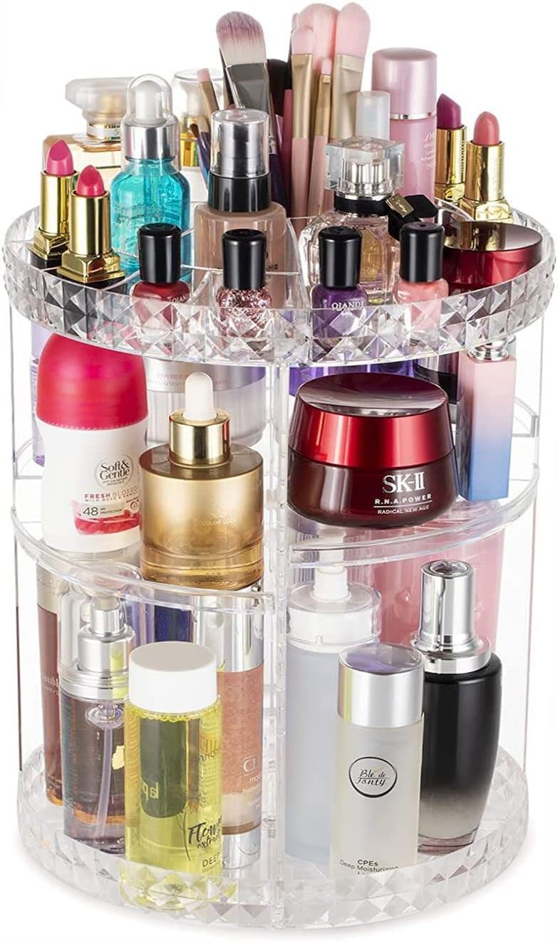 回転可能なメイクアップオーガナイザー収納ボックス 360&deg;デスクトップメイクアップブラシホルダーセット 3段ラウンドコスメティックデ
