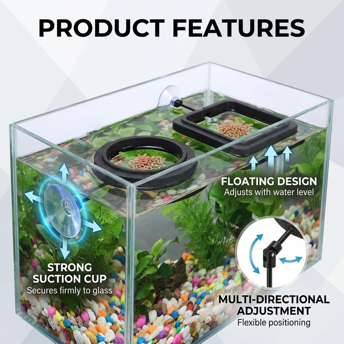 Lot de 4 anneaux de nourrissage pour aquarium – Anneaux flottants avec ventouse, ronds et carrés, support pour nourriture de poissons et plantes flottantes (Noir)