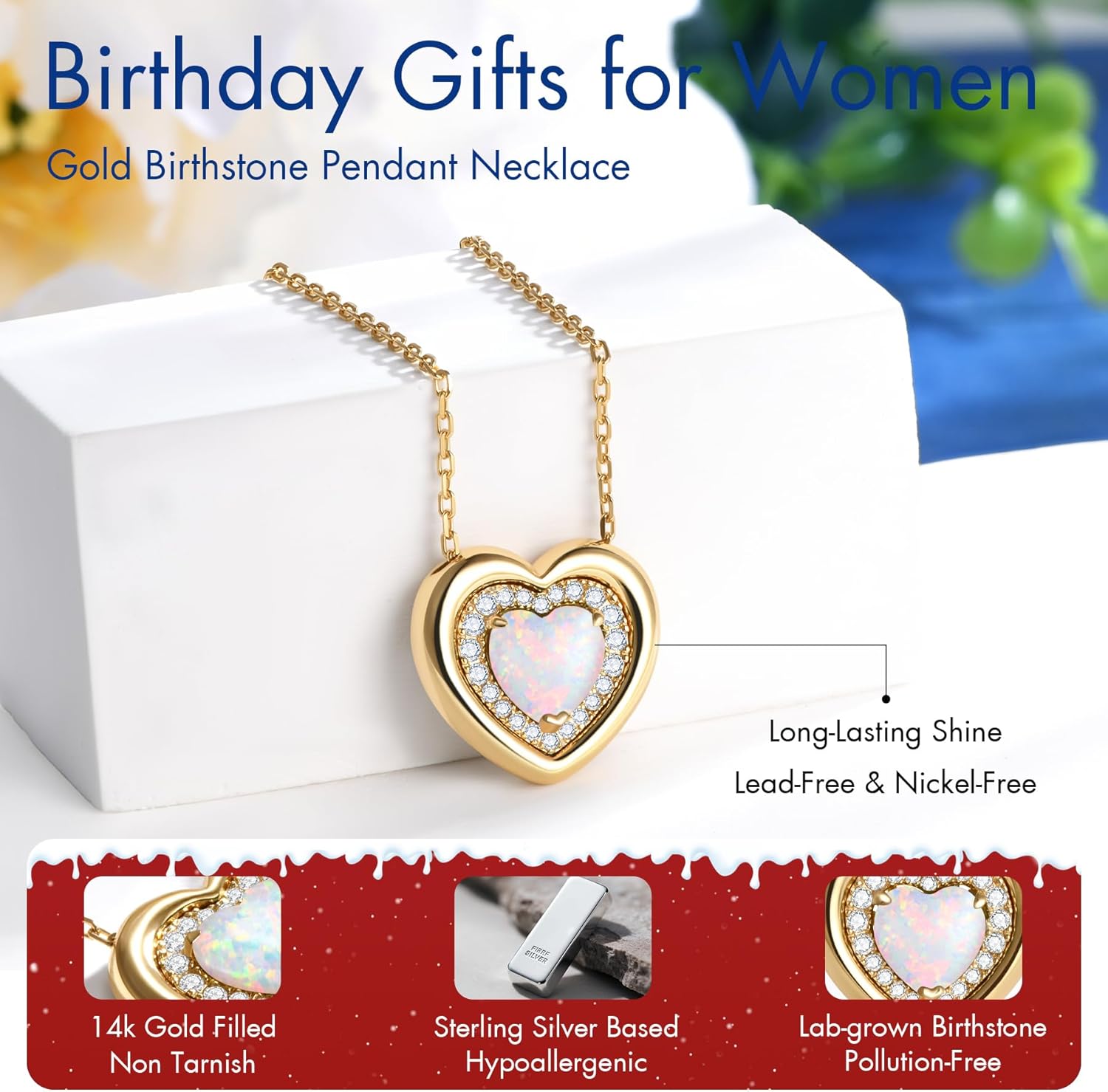 Kstyle Valentine's Day Gifts for Women - 14K Gold Filled 925 Sterling Silver Heart Birthstone Pendant Necklaces, Anniversary Birthday Jewelry Gifts for Wife Daughter Mom Grandma, Non Tarnish 16"+2" - Image 5