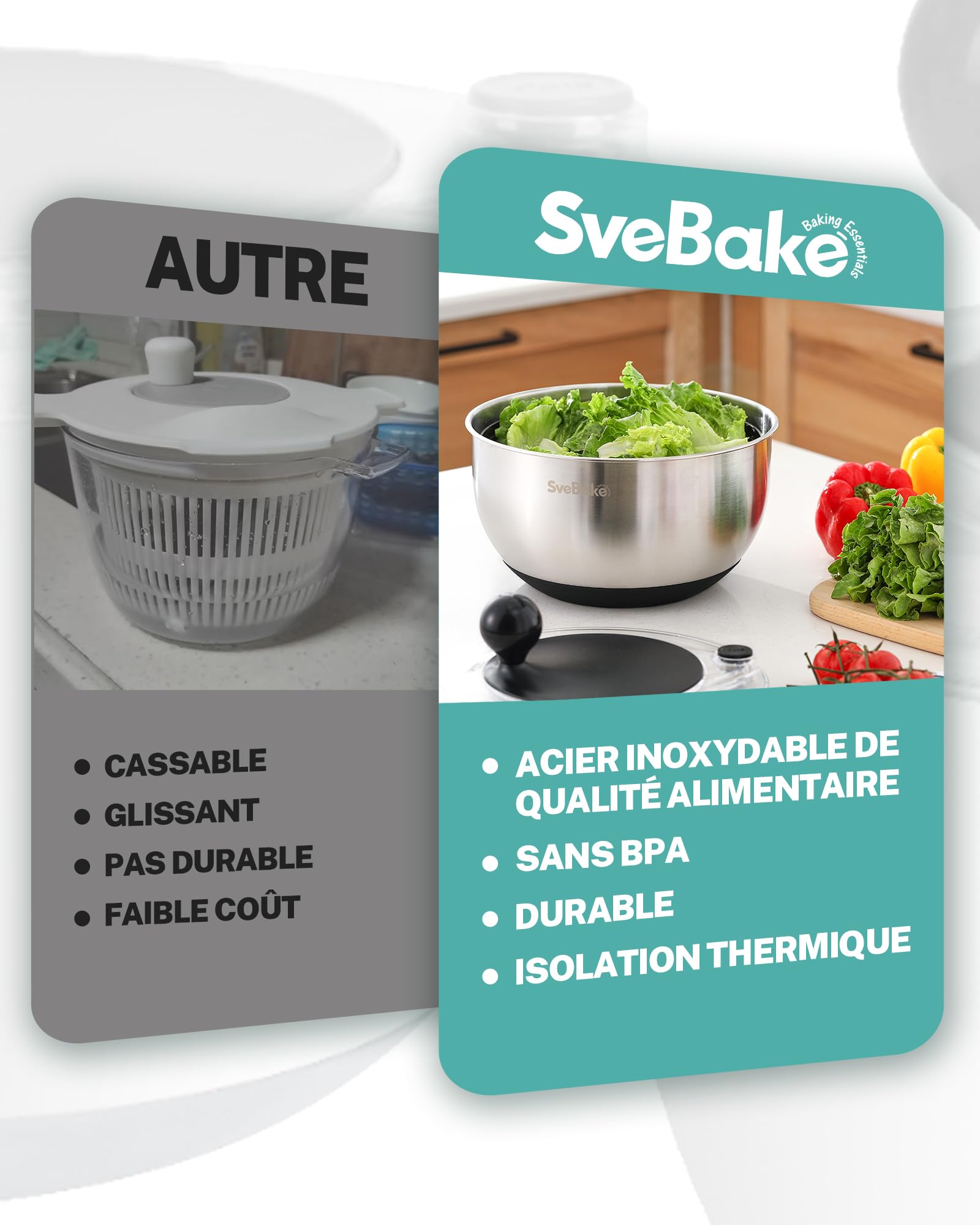 SveBake Essoreuse à Salade en Acier Inoxydable, 5L Spinner à Salade avec Bouton Stop, Base Antidérapante, Passe au Lave-Vaisselle, Sans BPA