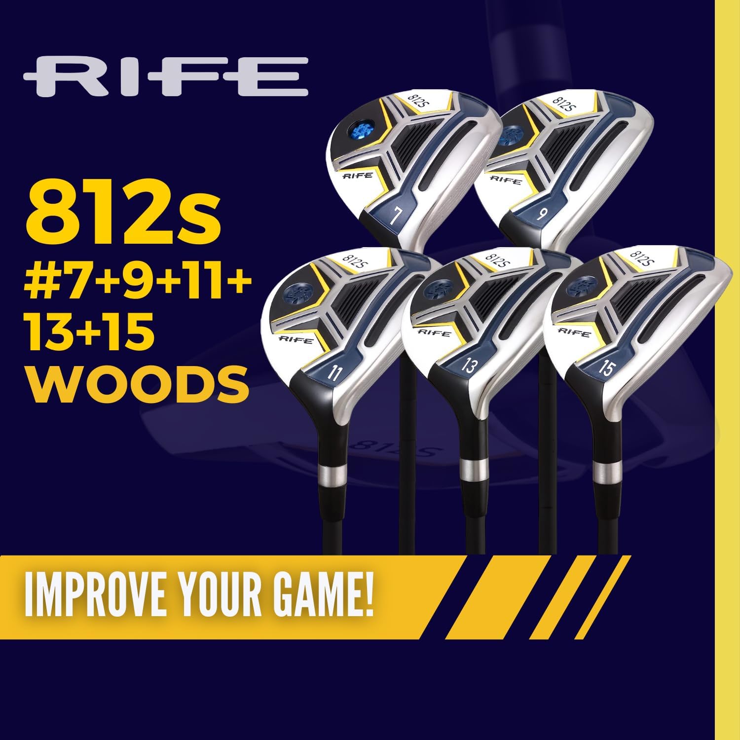 Senior Mens Rife 812s New Offset #7 + #9 + #11 + #13 + #15 Fairway Metal Wood Clubs Set Right Handed Senior Flex with Mens Senior Size Black Pro Velvet Grips Fairway Wood Set + Headcovers