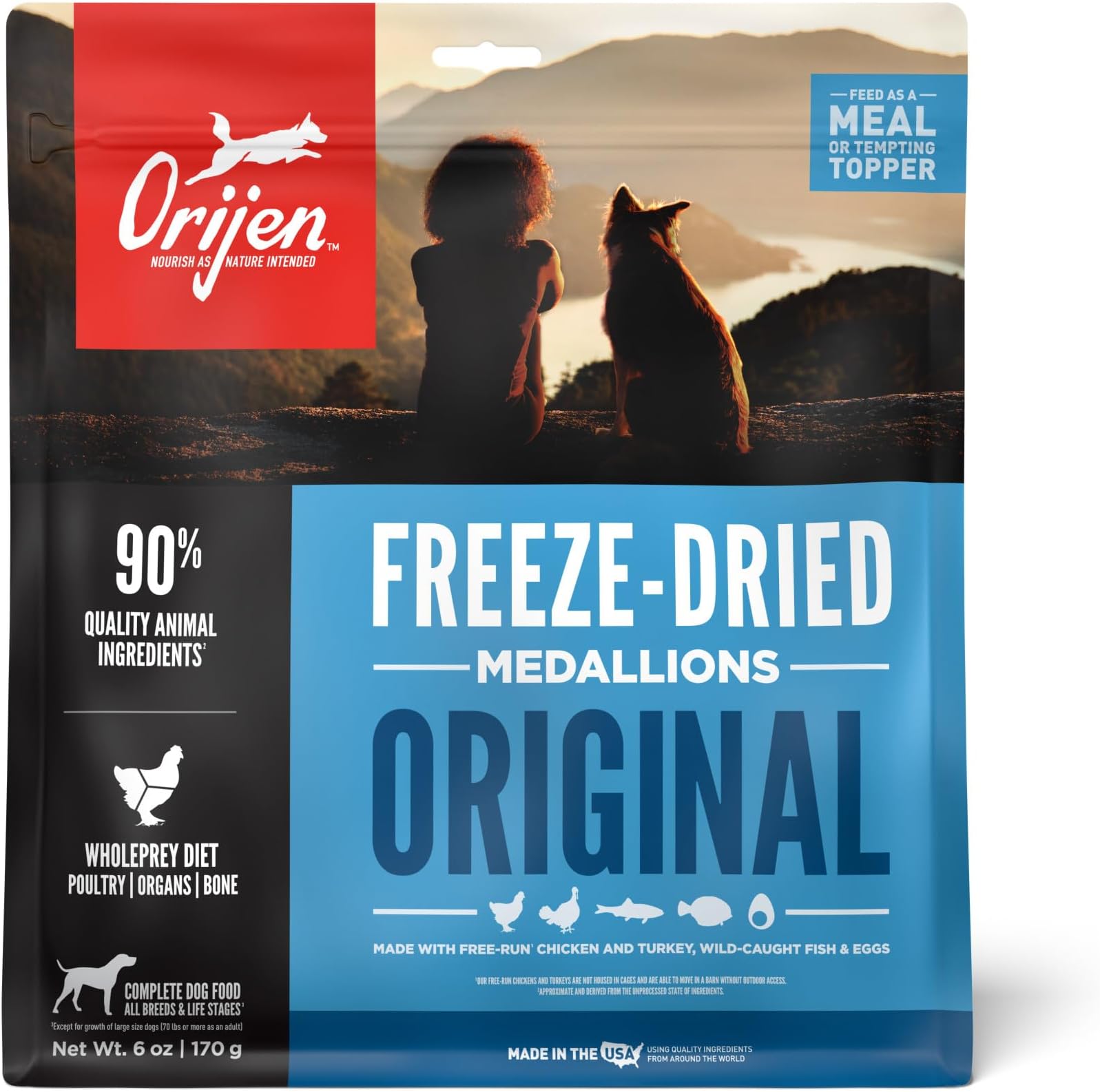 ORIJEN Grain Free High Protein Freeze Dried Dog Food & Topper Original Recipe 6oz Bag