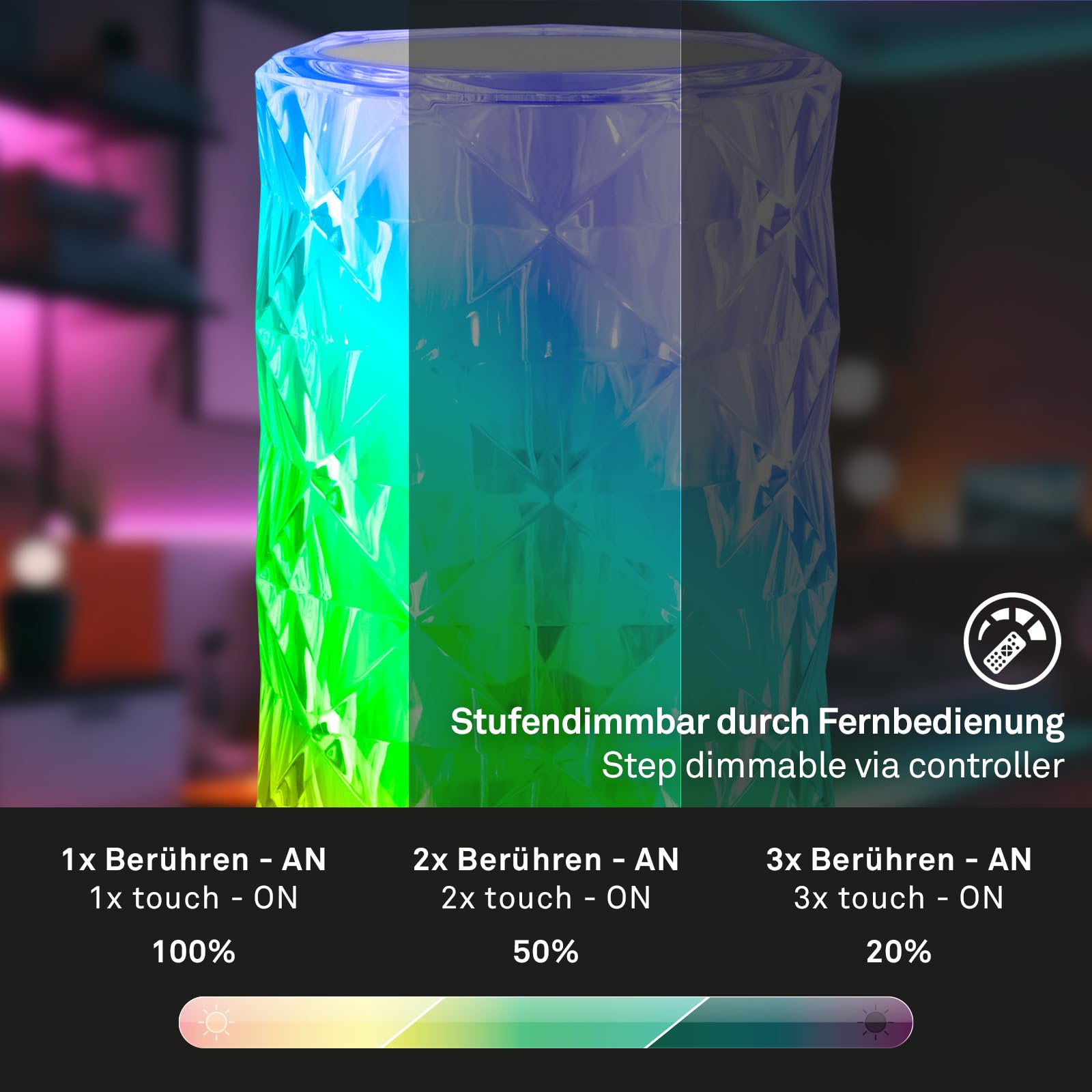 BRILONER - Lampe de chevet à batterie, Lampe de table sans fil, Lampe LED RGB avec télécommande, Lampe de table cristal touch, Lampe de lecture de camping, Transparent, Câble USB-C, 215x90mm (HxD)