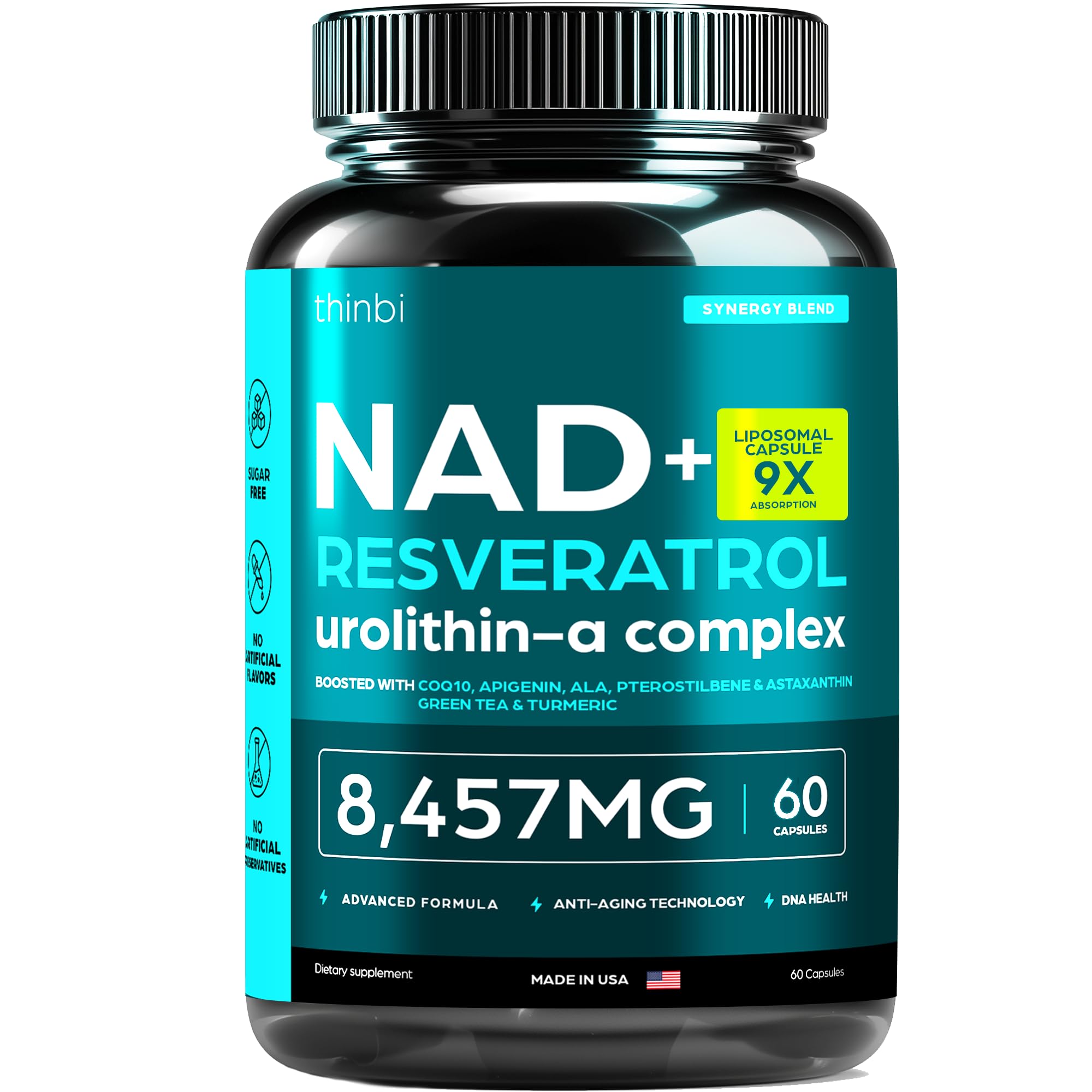 NAD Supplement 8457mg Extra Strength NMN Alternative Liposomal + Green Tea for Women & Men w/Urolithin A, Resveratrol, CoQ10, Alpha Lipoic Acid