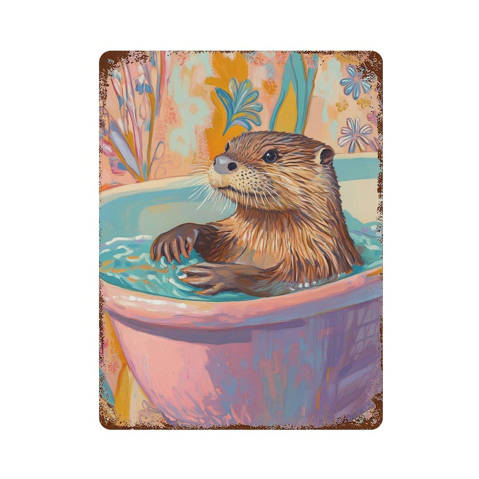 Distressed Metal Wall Sign Otter in Bathtub Painting-1 15.7"x11.8", Rustic Home Decor for Farmhouse, Kitchen And Entryway Decor