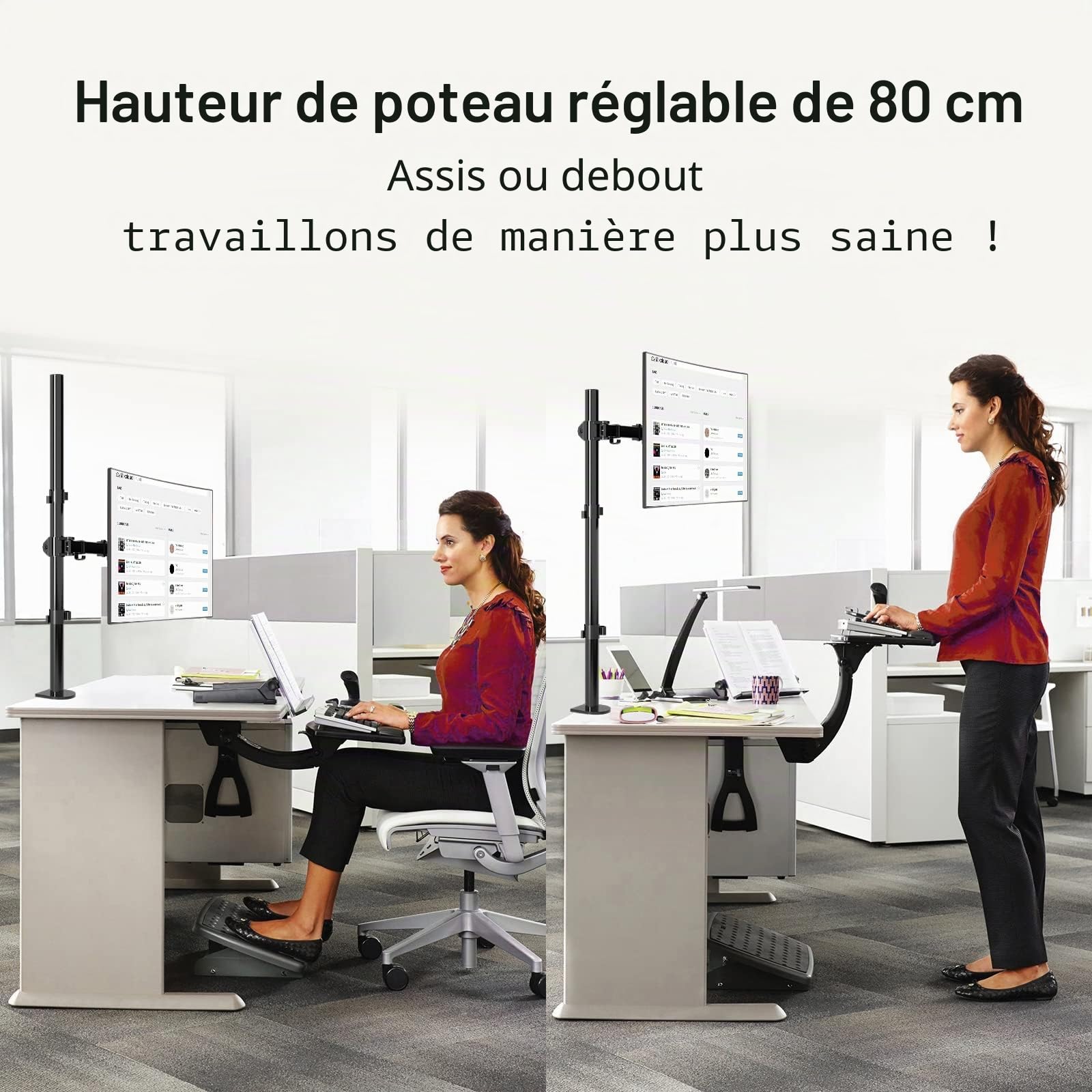 suptek Support Ecran PC pour Écran LCD/LED 13-32 Pouces, Bras pour Moniteurs d'ordinateur avec Poteau de 80 cm, Hauteur Réglable Inclinaison et Pivotant Rotation VESA 75/100 mm jusqu'à 10kg (MD6821)