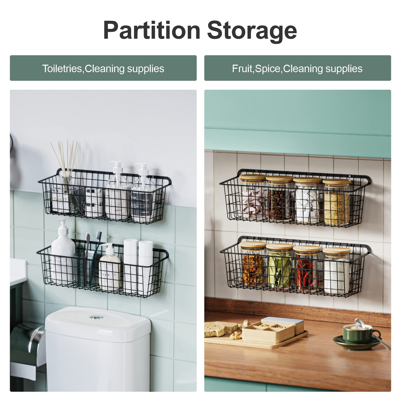 Bathroom Wall Organizer, iSPECLE 4 Pack Large Wall Basket Add Storage Space in Bathroom Kitchen, Durable and Sturdy Bathroom Storage Organizer Easy to Install Help Partition Storage, Black