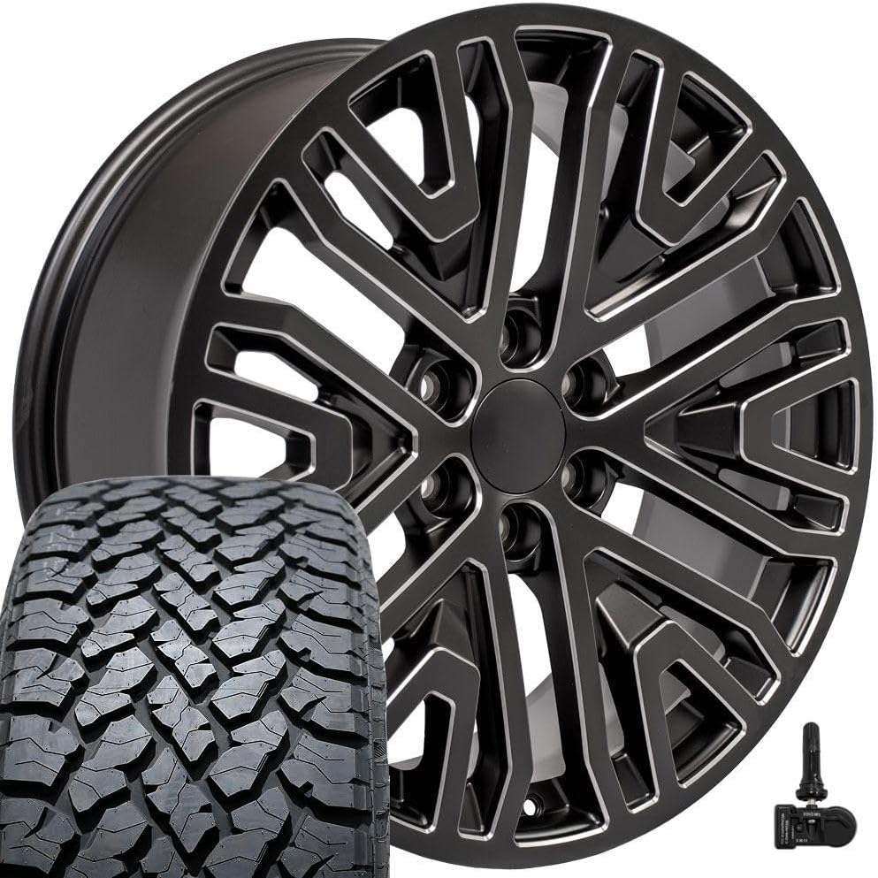 OE Wheels CV37 22 Inch Rims and Tires Fit Sierra 1500 Style 6x139.7 22x9 Satin Black with Milled Edge - Hollander 5906 - TS-37 AT 285/45-22 (Set of 4)