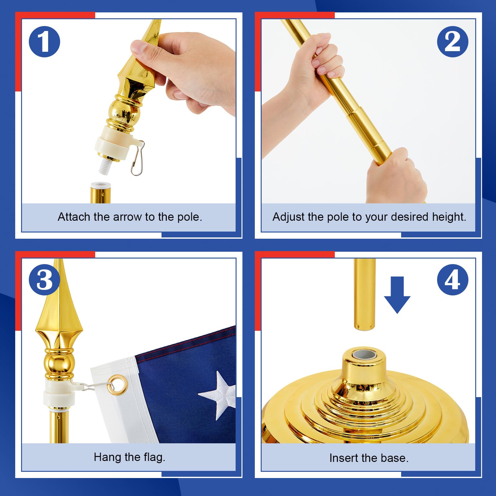 Moxweyeni Kit de mástil de bandera de interior telescópico de 3.5 a 8 pies con base de aluminio resistente dorado y soporte para oficina, escuela, ayuntamiento, no incluye cartel
