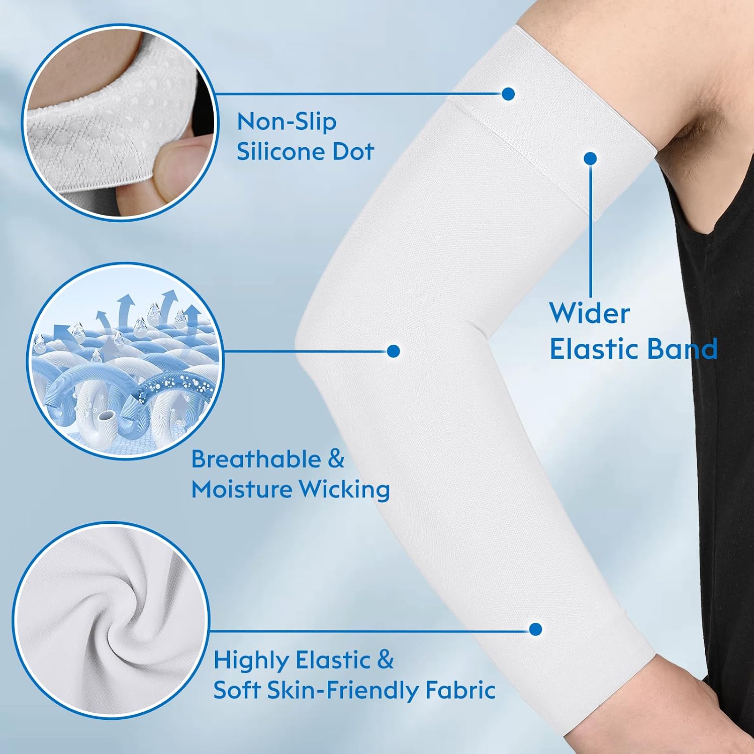 MGANG Lymphedema Compression Arm Sleeve for Women Men, Opaque, 15-20 mmHg Compression Full Arm Support with Silicone Band, Relieve Swelling, Edema, Post Surgery Recovery, Single White L