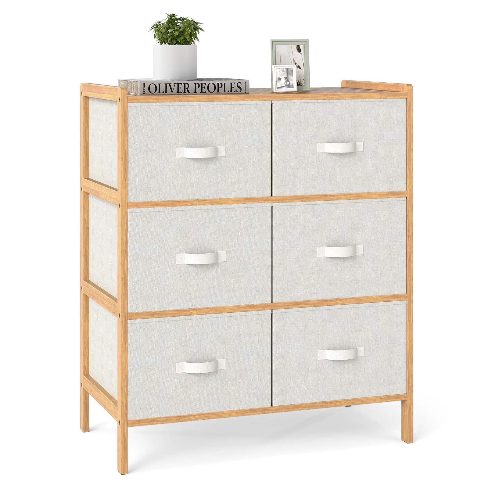 COSTWAY Chest of Drawers, 6-Drawer Fabric Dresser Storage Tower with Slatted Top, Bamboo Frame Freestanding Chest Cabinet Drawers Organiser Unit for Bedroom Living Room Closet Hallway, 66 x 35 x 79cm