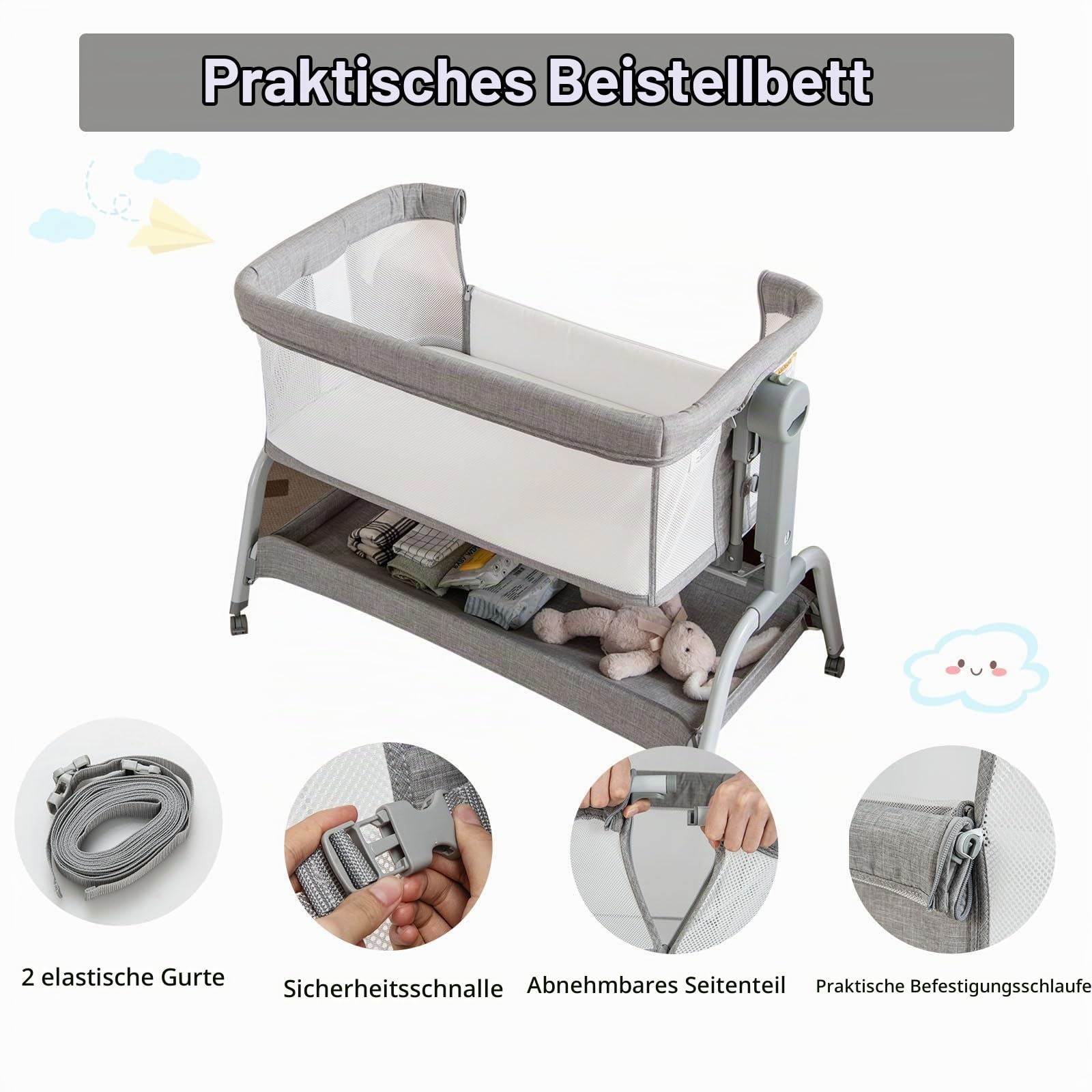 LIFEZEAL Babybett mit Moskitonetz, Baby Beistellbett mit Matratze & Rollen, Reisebett 6 Höhenverstellungen, Tragbares Babywiege für Baby 0-6 Monate, Stubenwagen mit Aufbewahrungskorb (Grau)