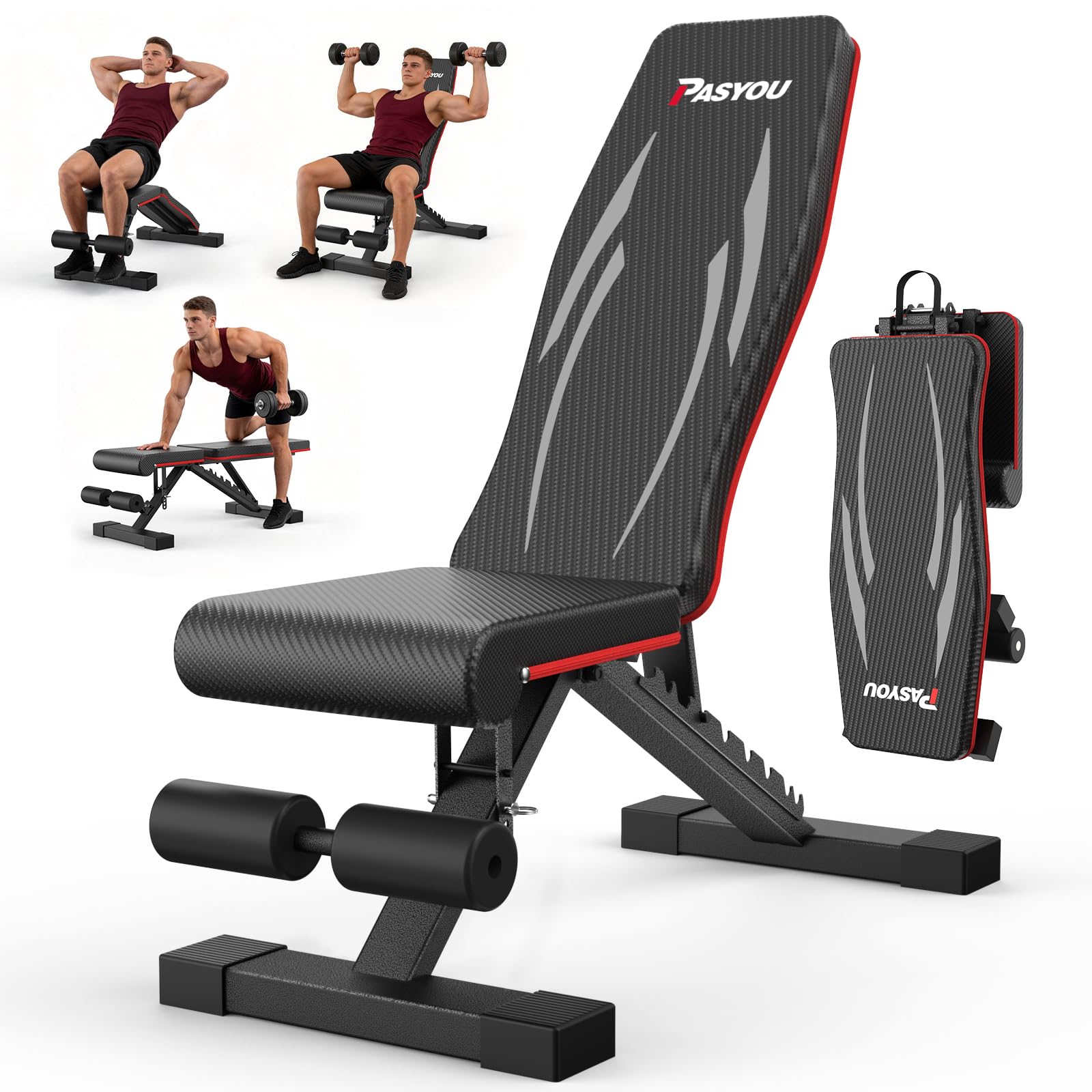 PASYOU Banc de Musculation Pliable, Charge 300kg, Banc de Fitness Réglable Multifonction pour Entraînement Corps Complet, Banc de Sport avec Poignées pour Maison et Salle de Sport (PA350)