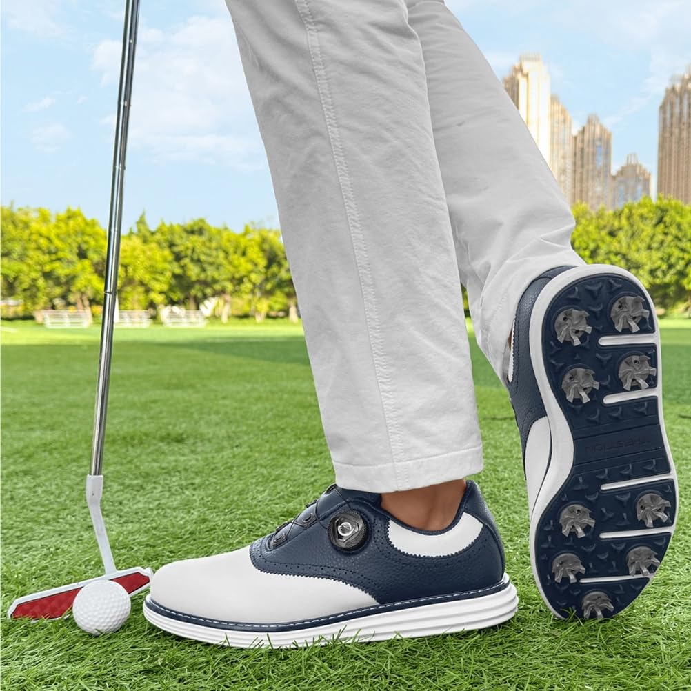 SDEQA Chaussures de Golf en Cuir pour Hommes avec 9 Crampons, Baskets d'extérieur imperméables, Grande Taille