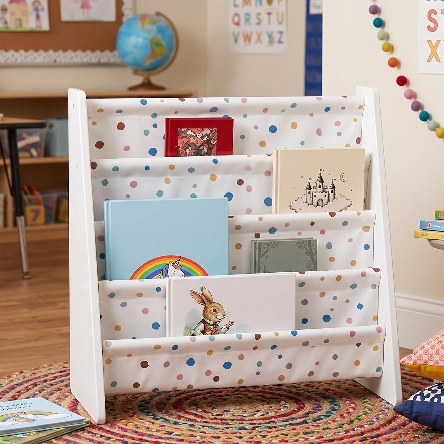Nuanchu Polka Dot Reading Corner Decor for Classroom, 4 Tier Wooden Nursery Book Shelf with Colorful Polka Dot Pockets, 25"x11"x24" Wooden Book Rack for Back to School Library Playroom Bedroom