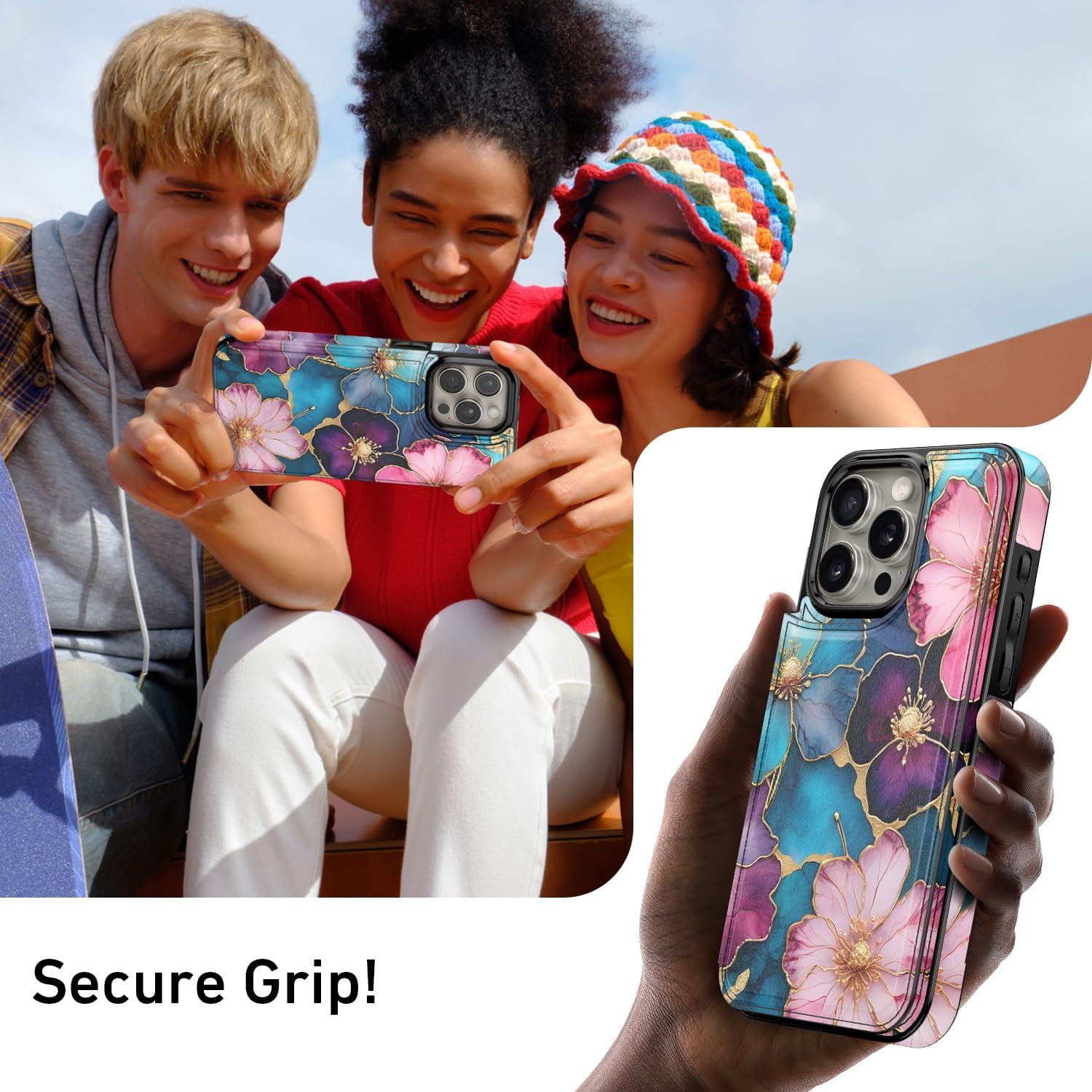 FUNMIKO for iPhone 15 Pro Max Wallet Case with Card Holder + Cash Clip, RFID-Blocking, Military-Grade Drop Protection & UV-Printed Artwork, Magnetic Closure with Kickstand - Vibrant Flower Pattern - Image 7