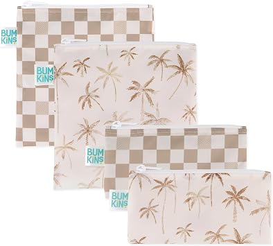 Bumkins -Cloth Snack & Sandwich Bags -For Storage, Travel, Food Prep, Lunch -Reusable, Water Resistant, Washable, Dishwasher Safe -Snack Bags for Kids -Zipper Closure -Beige Check & Palm Trees -4 Pack