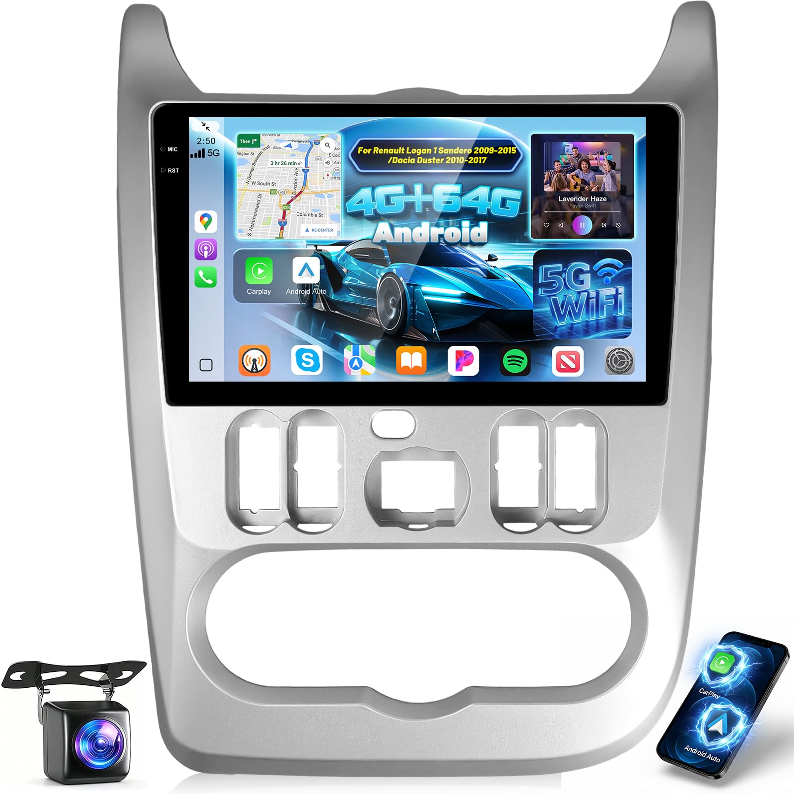 4G+64G Autoradio pour Renault Logan 1 Sandero 2009-2015/Dacia Duster 2010-2017 avec sans Fil Carplay et Android Auto, Radio à Écran Tactile 9 Pouces avec WiFi/GPS/Bluetooth 5.0/EQ/FM RDS Radio