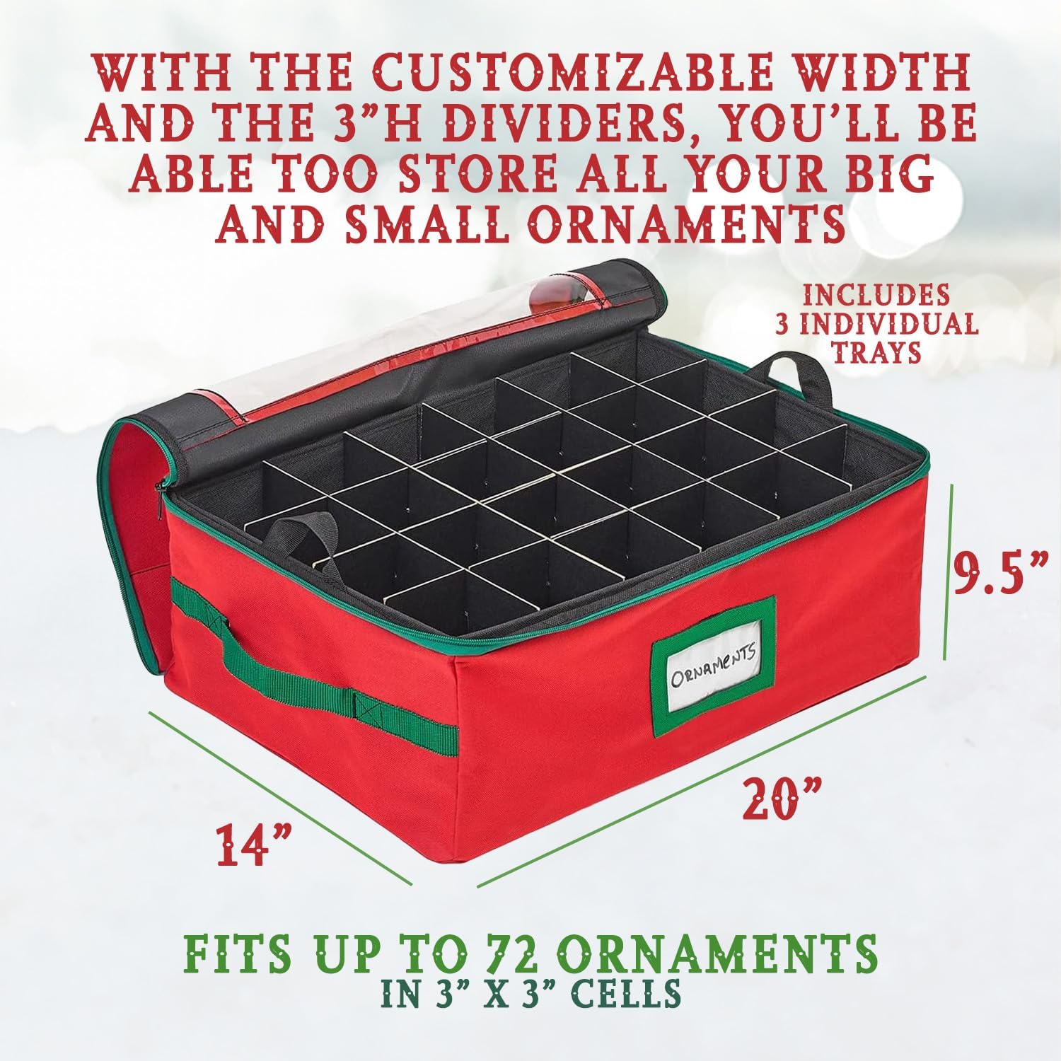 HOLDN’ STORAGE Christmas Ornament Storage Box with Dividers - Fits 72-3” Ornaments, 3 Removable Trays, Durable & Space-Saving, Clear Top Lid, Convenient Storage Designed, Red