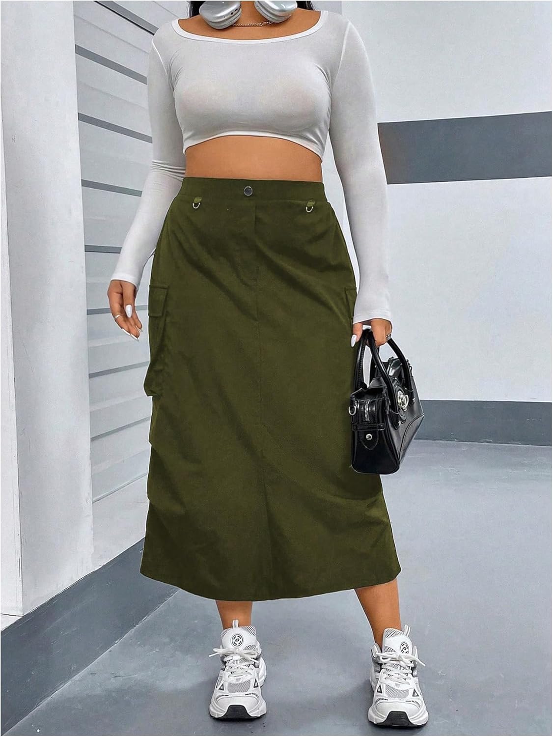 OYOANGLE Women's Plus Size Elastic High Waist Cargo Skirt Casual Solid Midi Skirts - Image 6