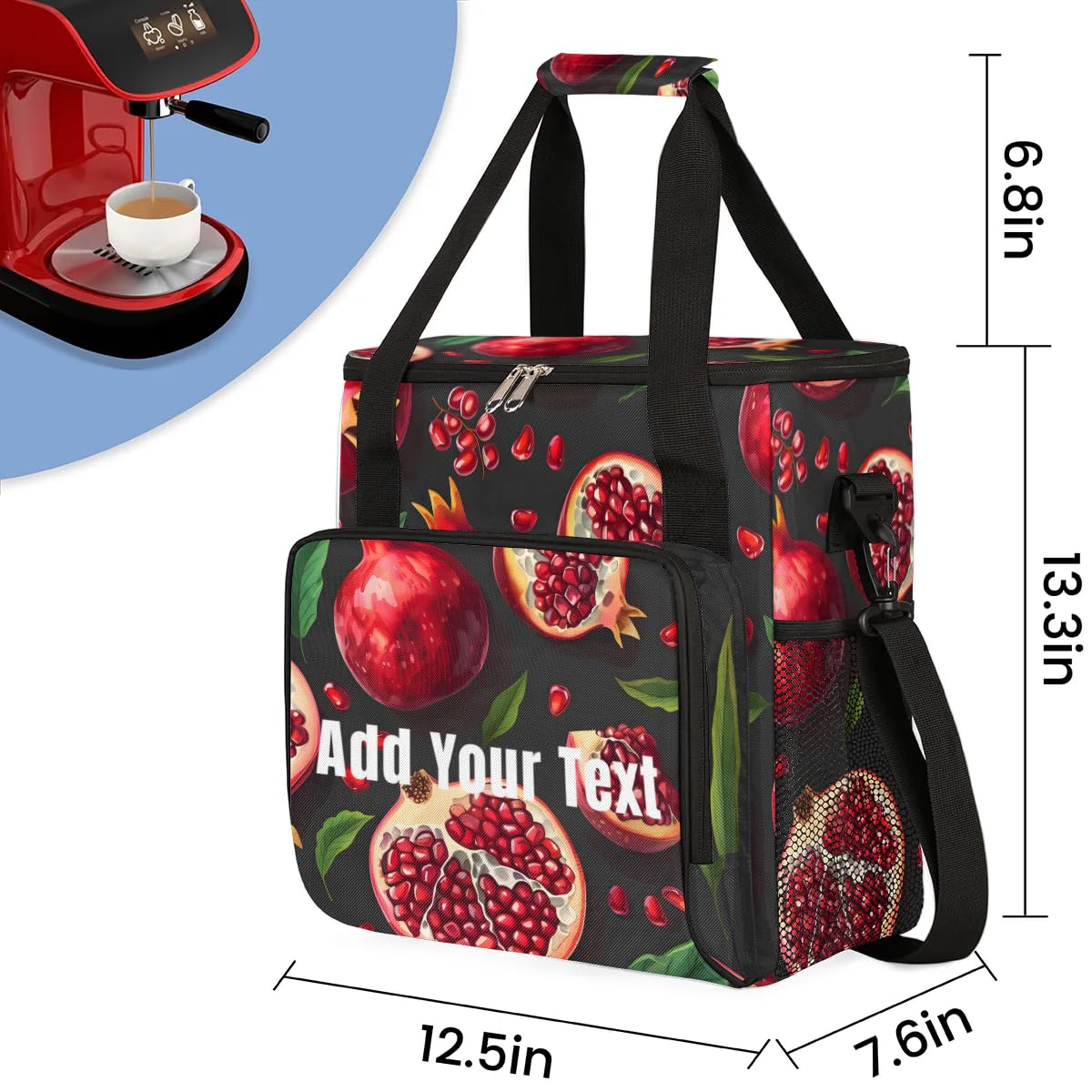 Gublec Personalized Coffee Maker Carrying Bag Custom Travel Bag for Coffee Machine Portable Single Cup Coffee Maker Case with Pockets Fruit Pomegranate