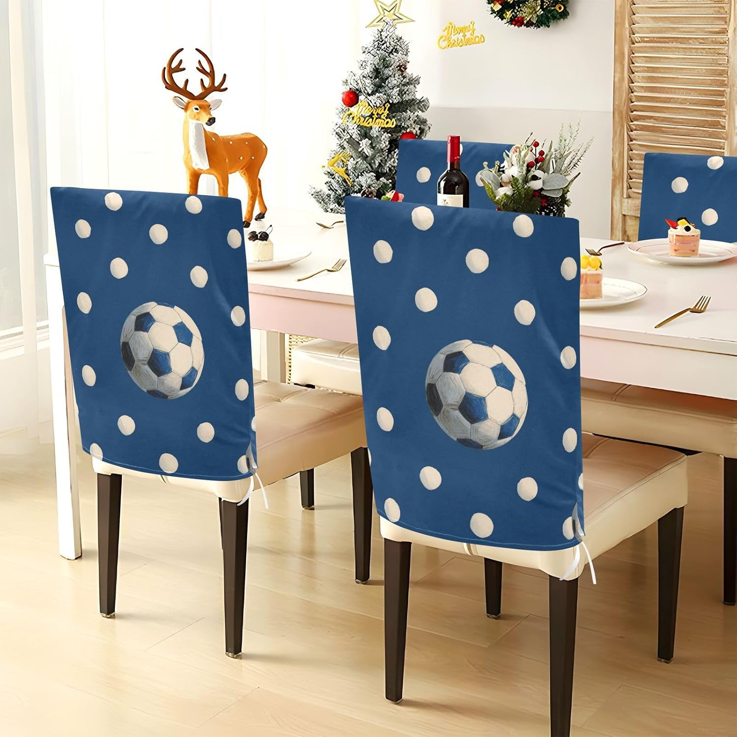 ALAZA Soccer Balls Polka Dots Blue Chair Back Cover Set of 6, Washable Reusable Removable Chair Slipcovers Decorative Chair Cover for Home Kitchen Wedding Party