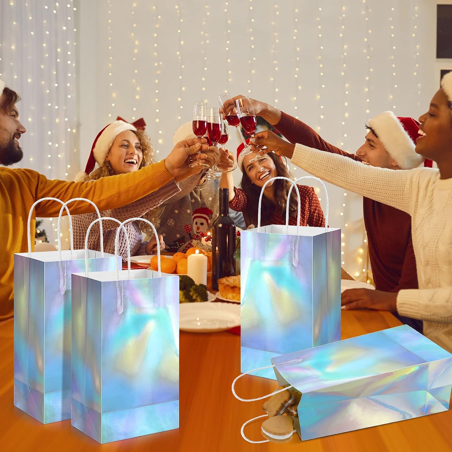 Iridescent Gift Bag Bulk Thickened Holographic Party Favor Bag with Handle 8.3 x 5 x 3.2in Glossy Paper Candy Goodie Flower Handbag Kpop Disco Wedding Bridal Birthday Graduation Party Supplies(60 Pcs)