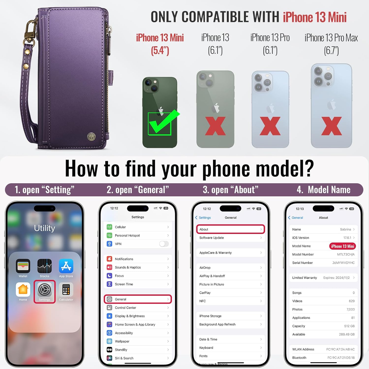 Defencase Compatible with iPhone 13 Mini Case Wallet with RFID Blocking Card Holder for Women and Men, PU Leather Magnetic Snap Flip Zipper Strap Wallet Phone Case Fit for iPhone 13 Mini 5.4", Purple