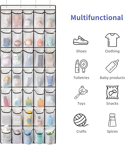 Miniatura 7 de SAVERHO Organizador de zapatos con 35 bolsillos sobre la puerta, organizador de zapatos colgante para puerta con 35 bolsillos de malla, bolsa de