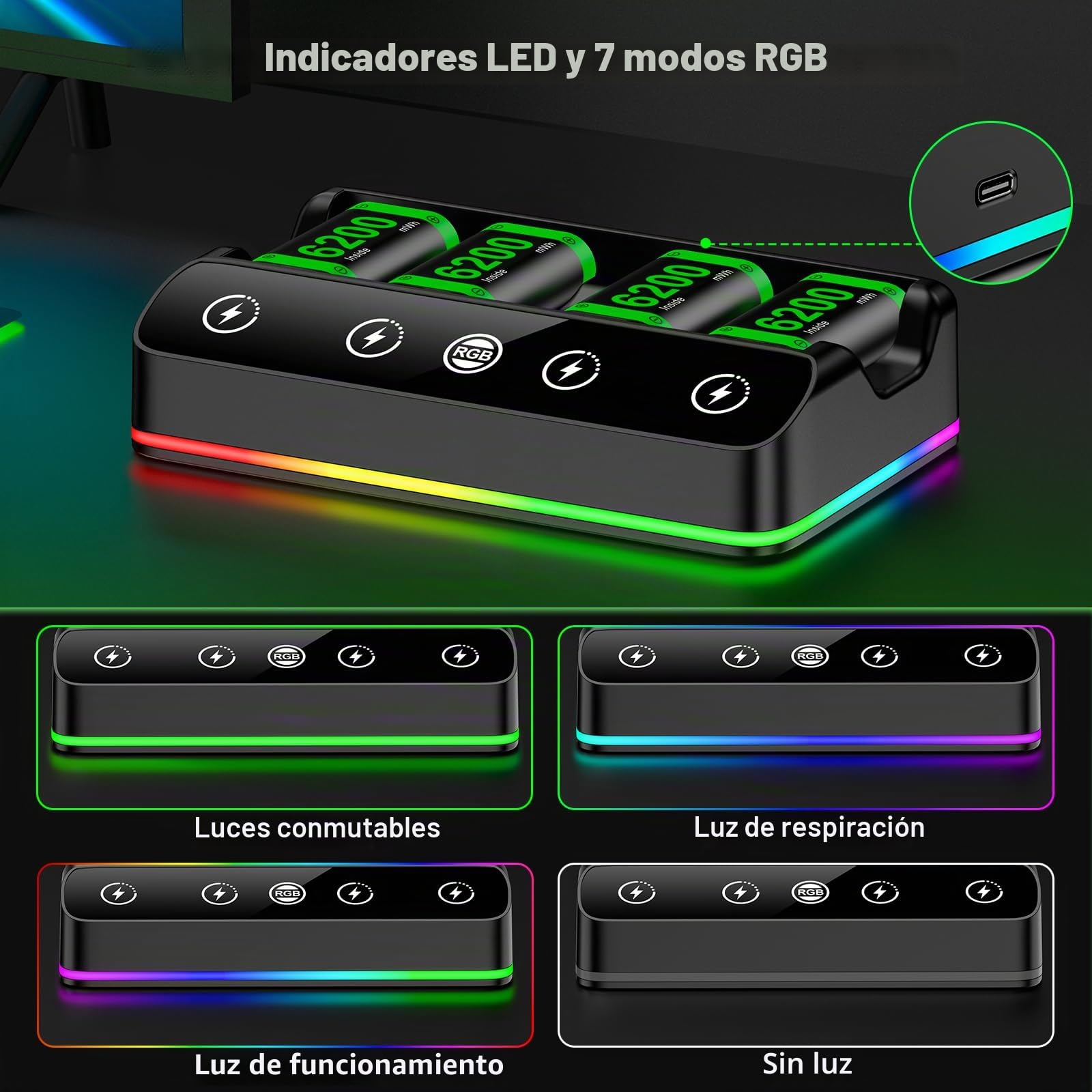 HELLCOOL Paquete de batería para controlador Xbox, batería recargable de 4 x 6200 mWh con base de carga/Cool RGB/cable de carga, cargador para Xbox Series X|S,One/Elite/S|X