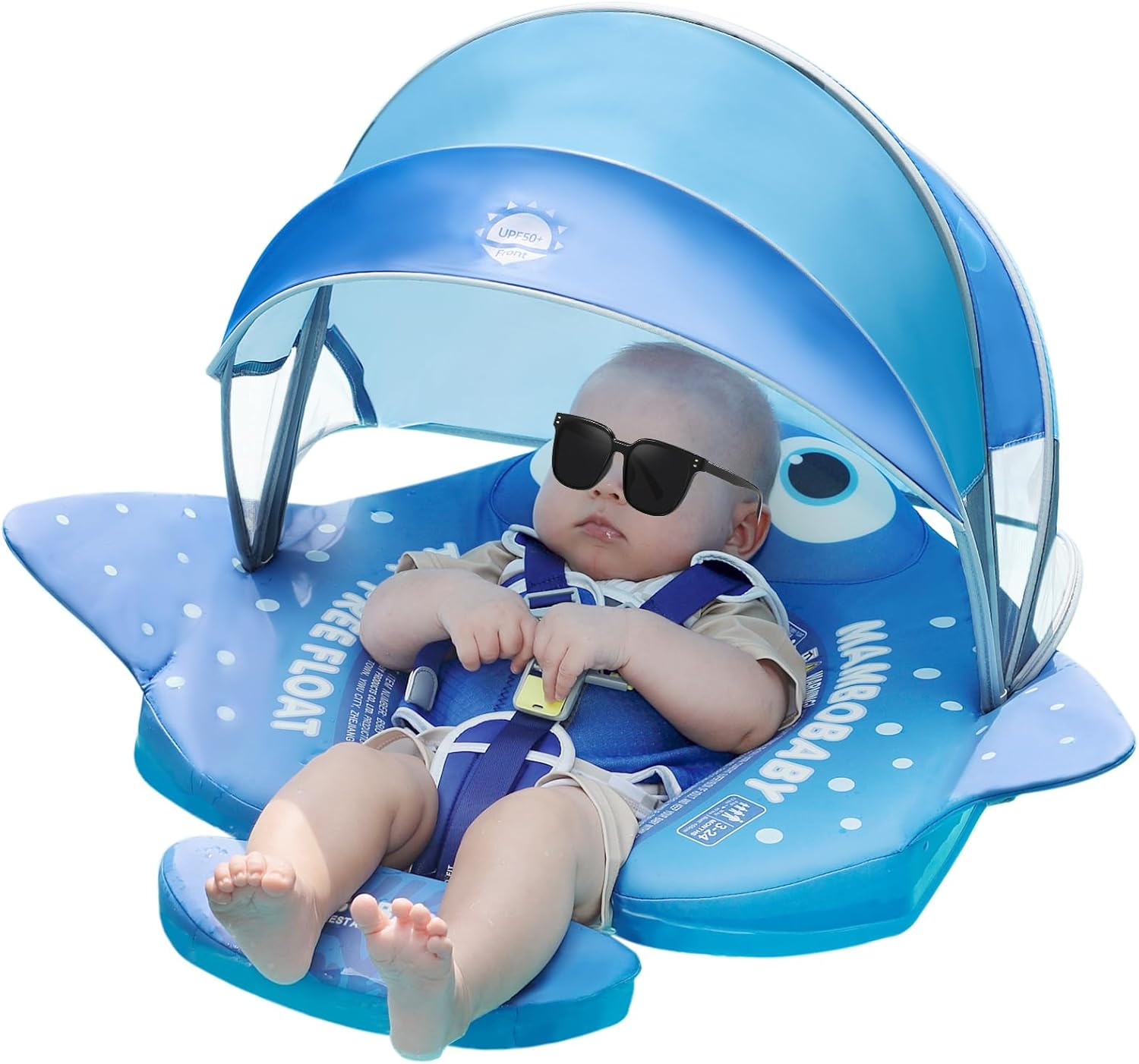 Mambobaby Float with Canopy UPF 50+ Sun Protection Pearl Foam Non-Inflatable Solid Baby Pool Float with Tail Mambo Float Swim Trainer Skin-Friendly Infant Swimming Ring