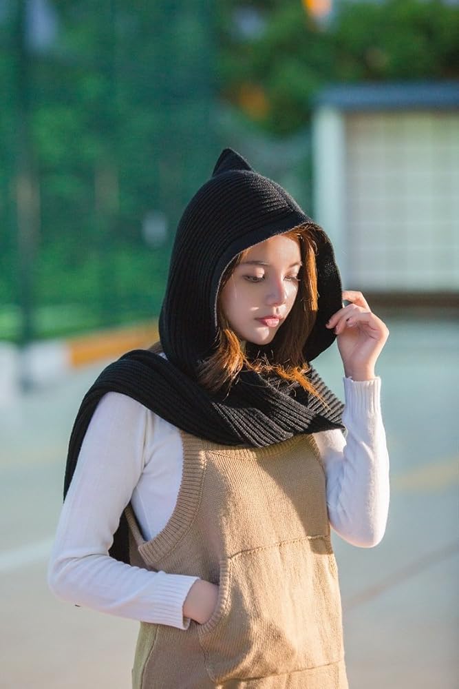 みゅ Puff Round Scarf Hoodie BLACK Chicone Women's Knit Hooded Scarf Headscarf Neckwarmer