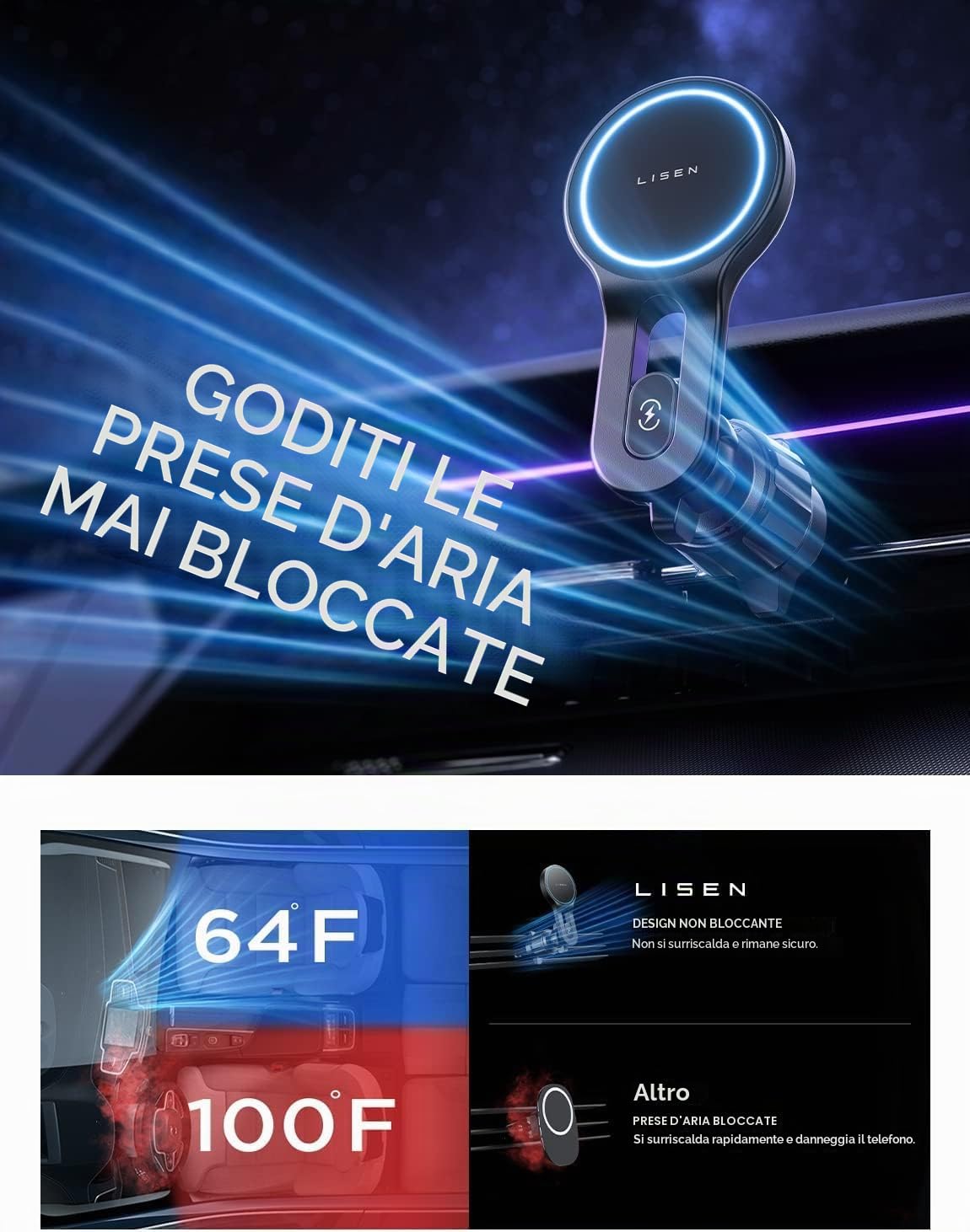LISEN Caricatore Wireless Magnetico 15W per Auto, Accessori iPhone, Magsafe Supporto Telefono Ricarica per iPhone 16/15/14/13/12/ Samsung