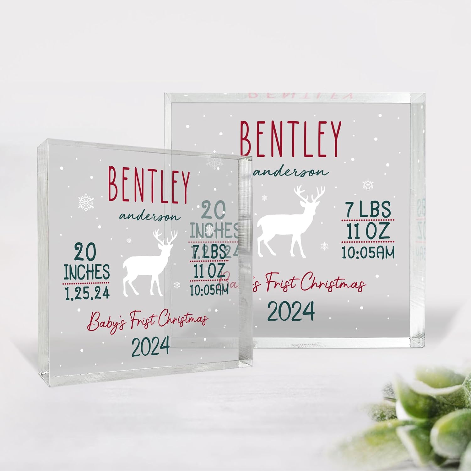 HYTURTLE Personalized Acrylic Shaped Plaque Baby's First Christmas 2024 - Custom 1st Christmas Baby Boy Baby Girl - Table Decor Remembrance Keepsake Gifts For New Mom Dad Grandma Grandpa