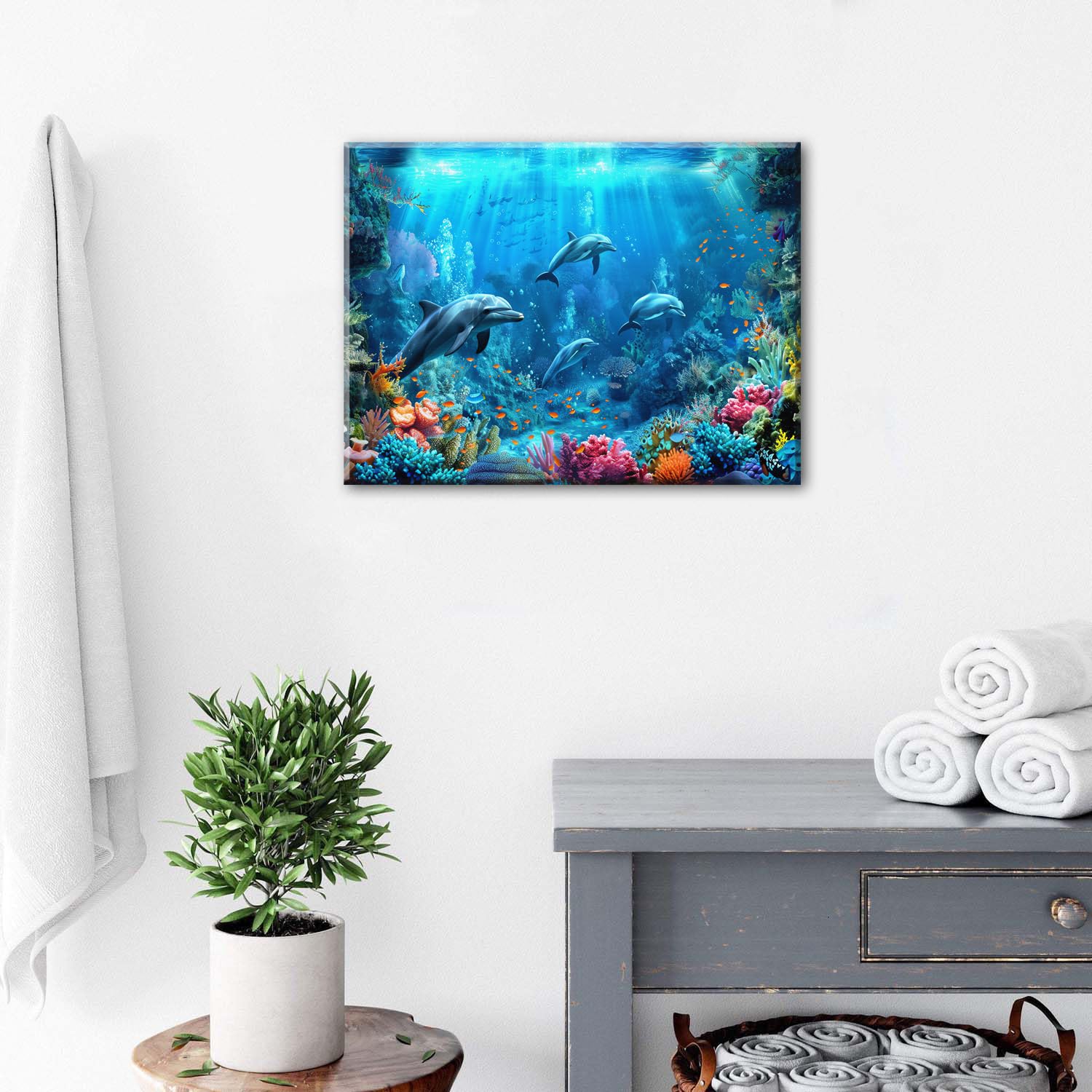 プリントw/フレーム【Colorfornia beautiful ocean】 Amazon.com: Blue Beach Bathroom Wall Decor Ocean Dolphin Wall Art