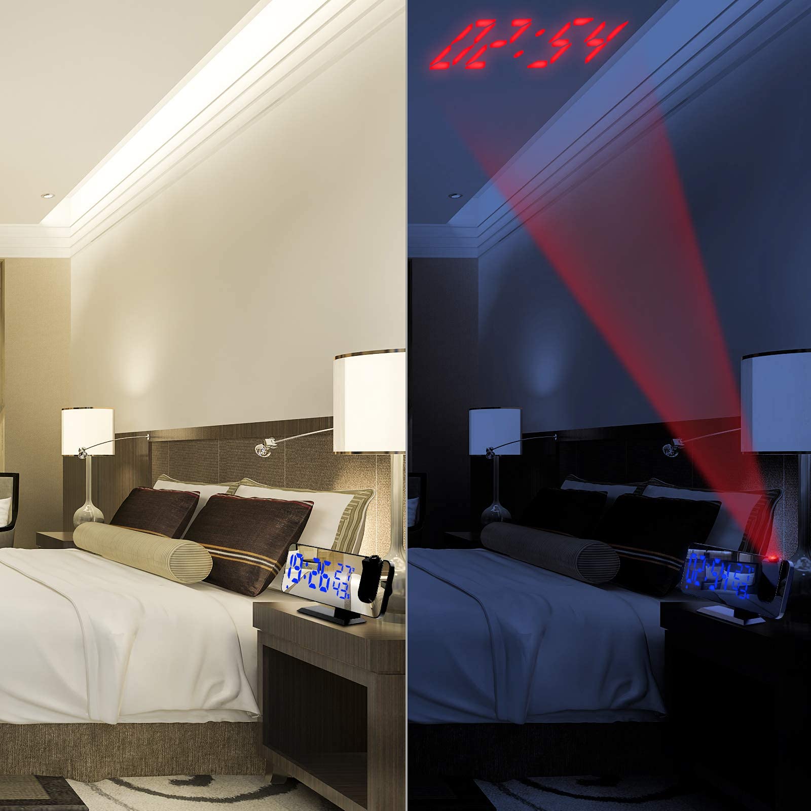 TAKRINK Sveglia con Proiettore da 7,5 Pollici Sveglia Radio Sveglia Digitale da Comodino con Proiettore con Rotazione di 180 ° Luminosità Regolabile con Temperatura Umidità e Uscita USB Ricarica