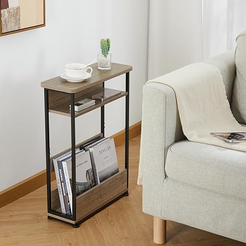 Miniatura 8 de Mesa auxiliar estrecha vintage con estante de almacenamiento, mesa auxiliar delgada de 3 niveles, mesa de sofá moderna para espacios estrechos y