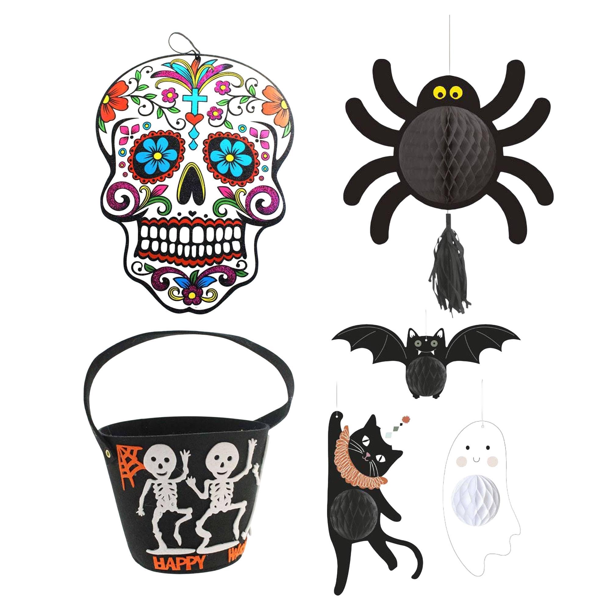 Well Home Decoración de Halloween: 4 Figuras Colgantes + Calavera Decoracion Pared + Bolsa de Caramelos