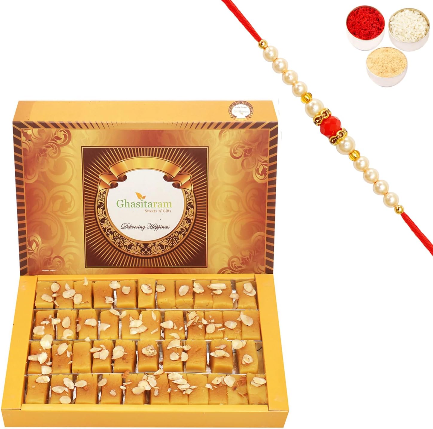 Ghasitaram Gifts Rakhi Gifts for Brothers Rakhi Sweets - Soft Mysore pak (800 GMS) with Rakhi