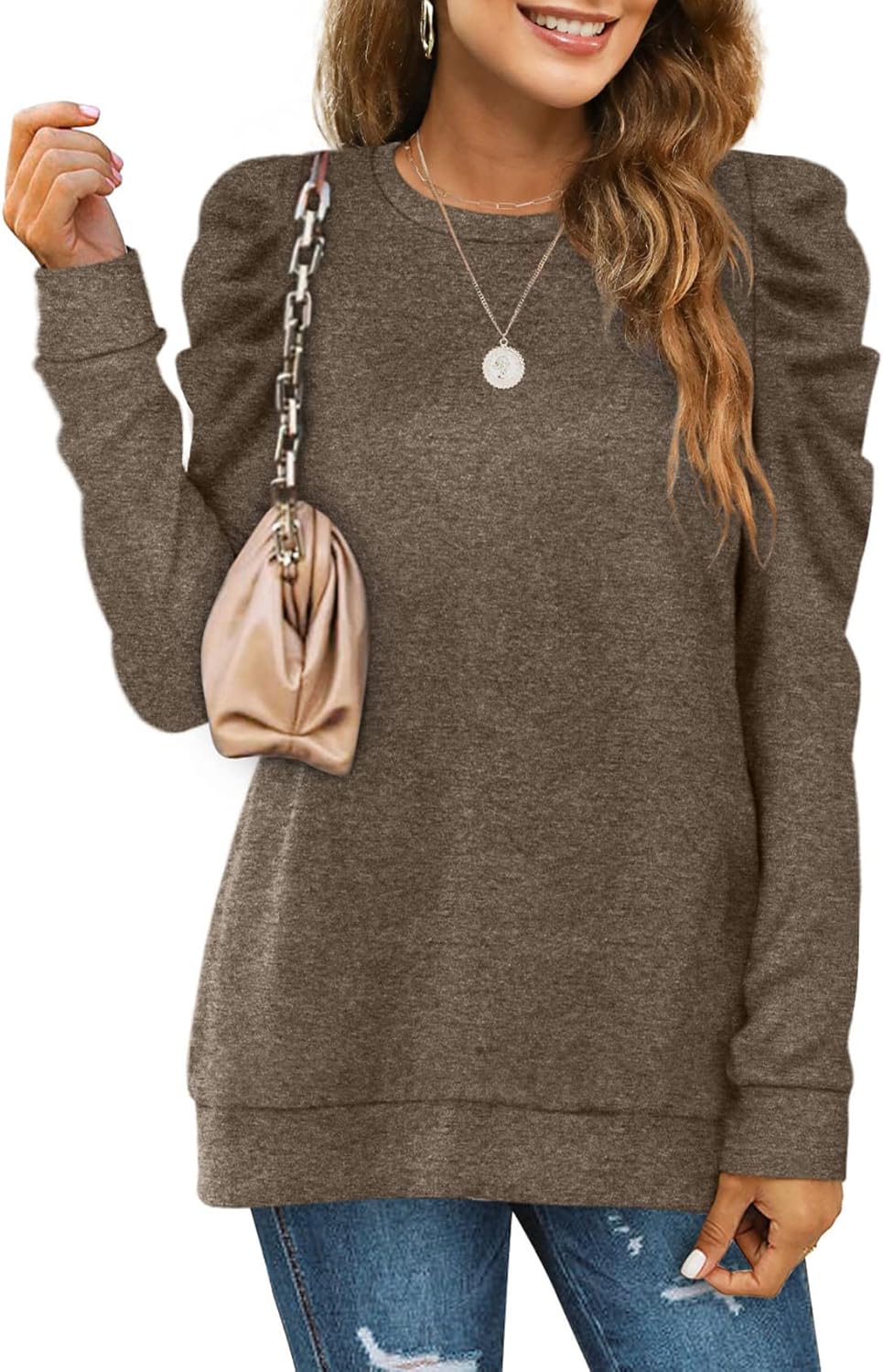 LCXWFE Women's Puff Sleeve Tops - Long Sleeve Crew Neck Tunic Shirts