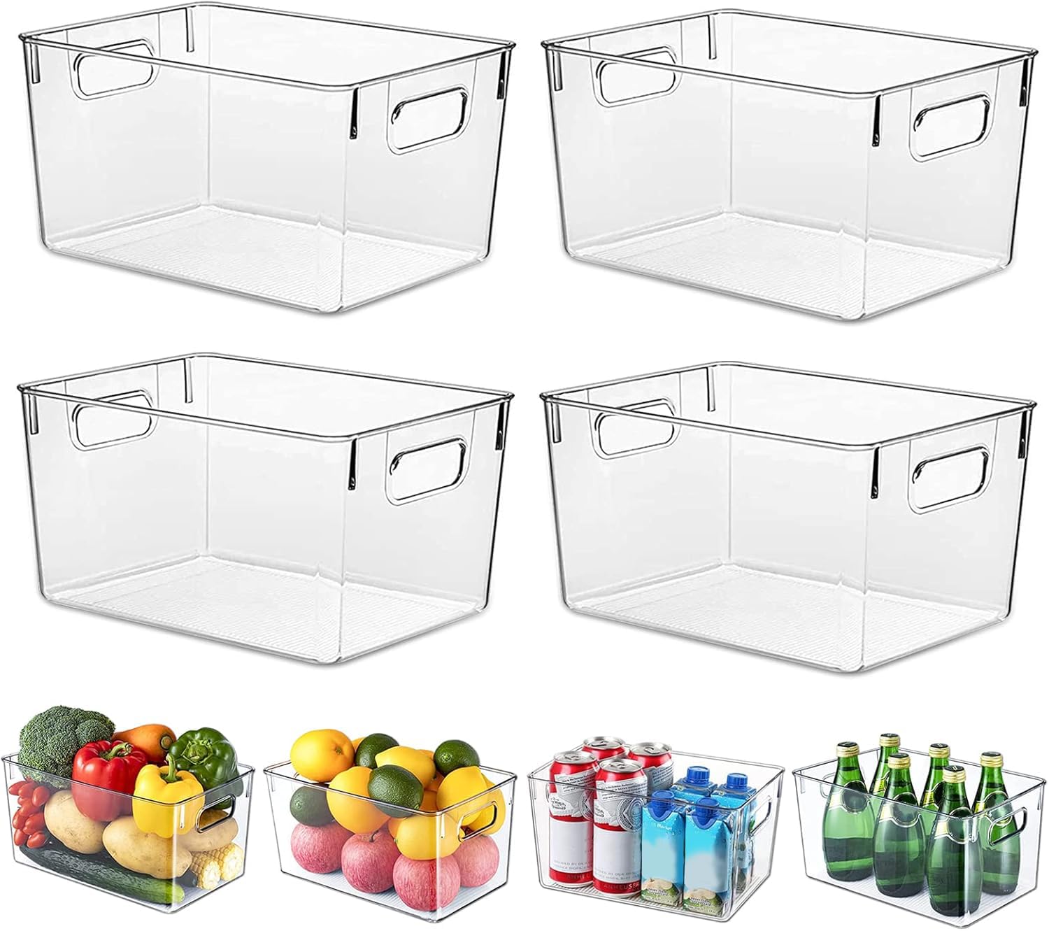 Fridge Organiser, Clear Pantry Organizer Bins, Food Storage Basket for Kitchen, Countertops, Cabinets, Refrigerator, Freezer, Bedrooms (4 Pack, L(29x19x15CM))