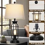 28" Lampes de table vintage avec USB Ports C+A & AC Ensemble de lampes de table de ferme industrielle 2, Black Modern Nightstand à côté des lampes avec 2 Lumière de nuit pour chambre à coucher(4 LED Ampoules comprises)