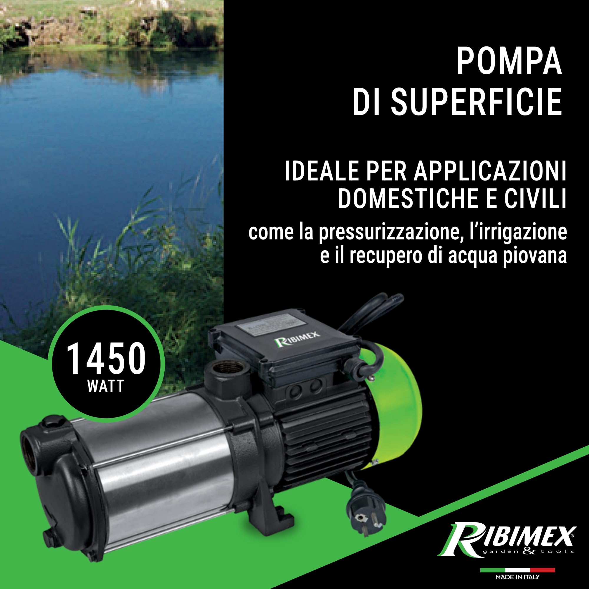 Ribimex Pompa di Superficie Autoadescante Multicellulare 5 Turbine, 1450 W, Portata 5400 L/h, Prevalenza 55 m, Aspirazione Fino a 7 m, Corpo in Inox, Ideale per Pressurizzazione e Irrigazione - PRMCA5