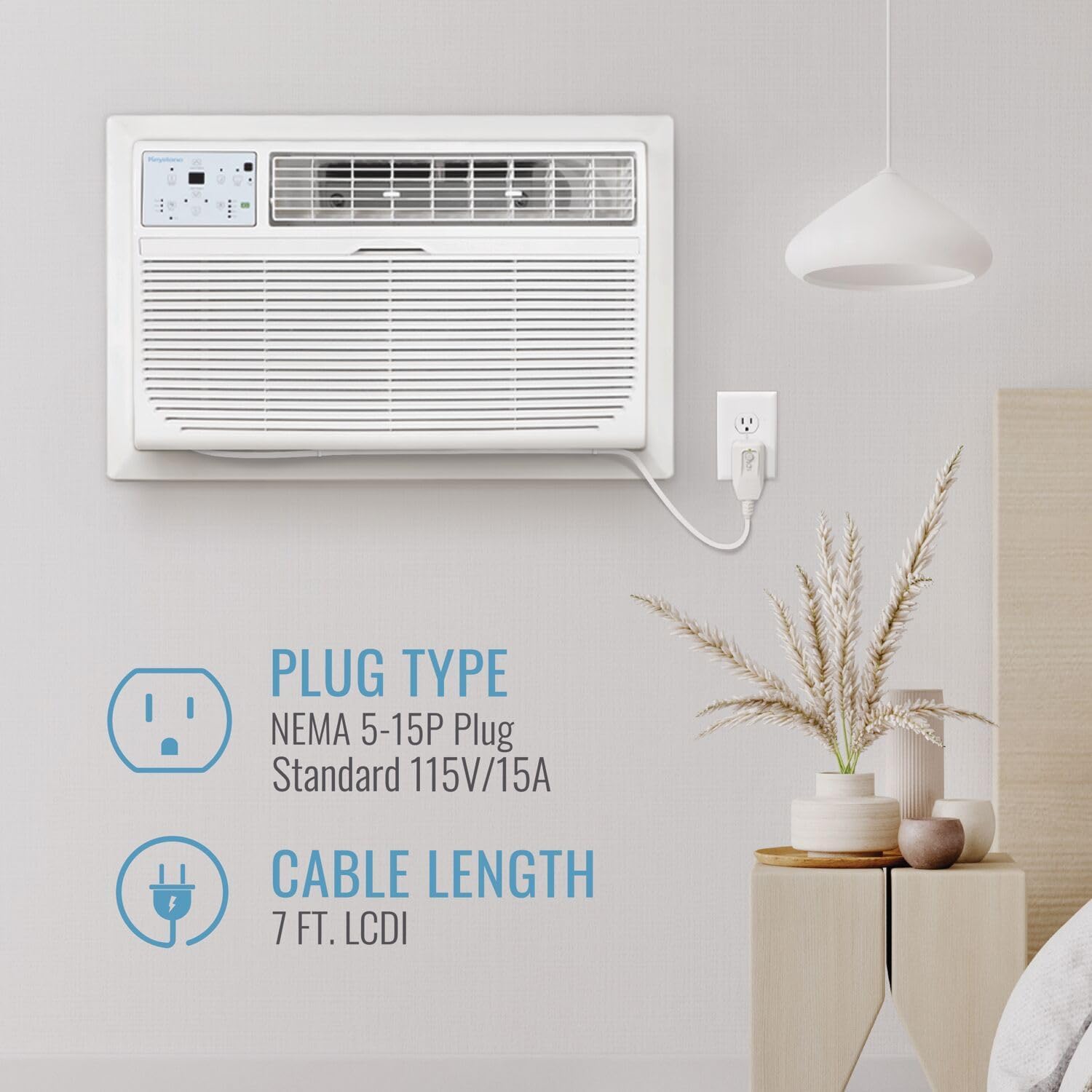 Keystone wall air conditioner showing NEMA 5-15P plug type and 7 ft LCDI cable length.